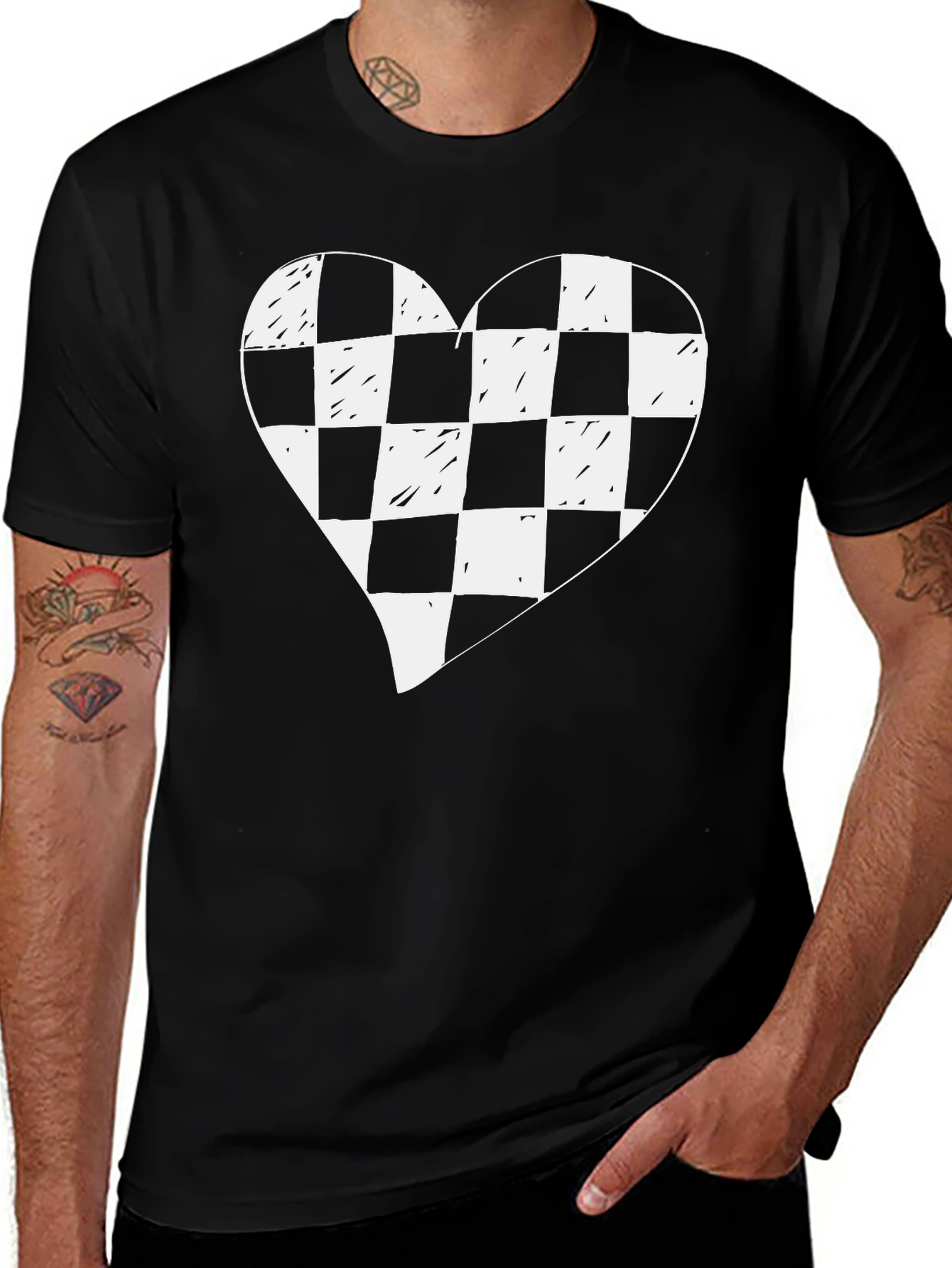 Variant 5 of Checkerboard Heart Graphic Tee - Stylish Men's Casual Shirt