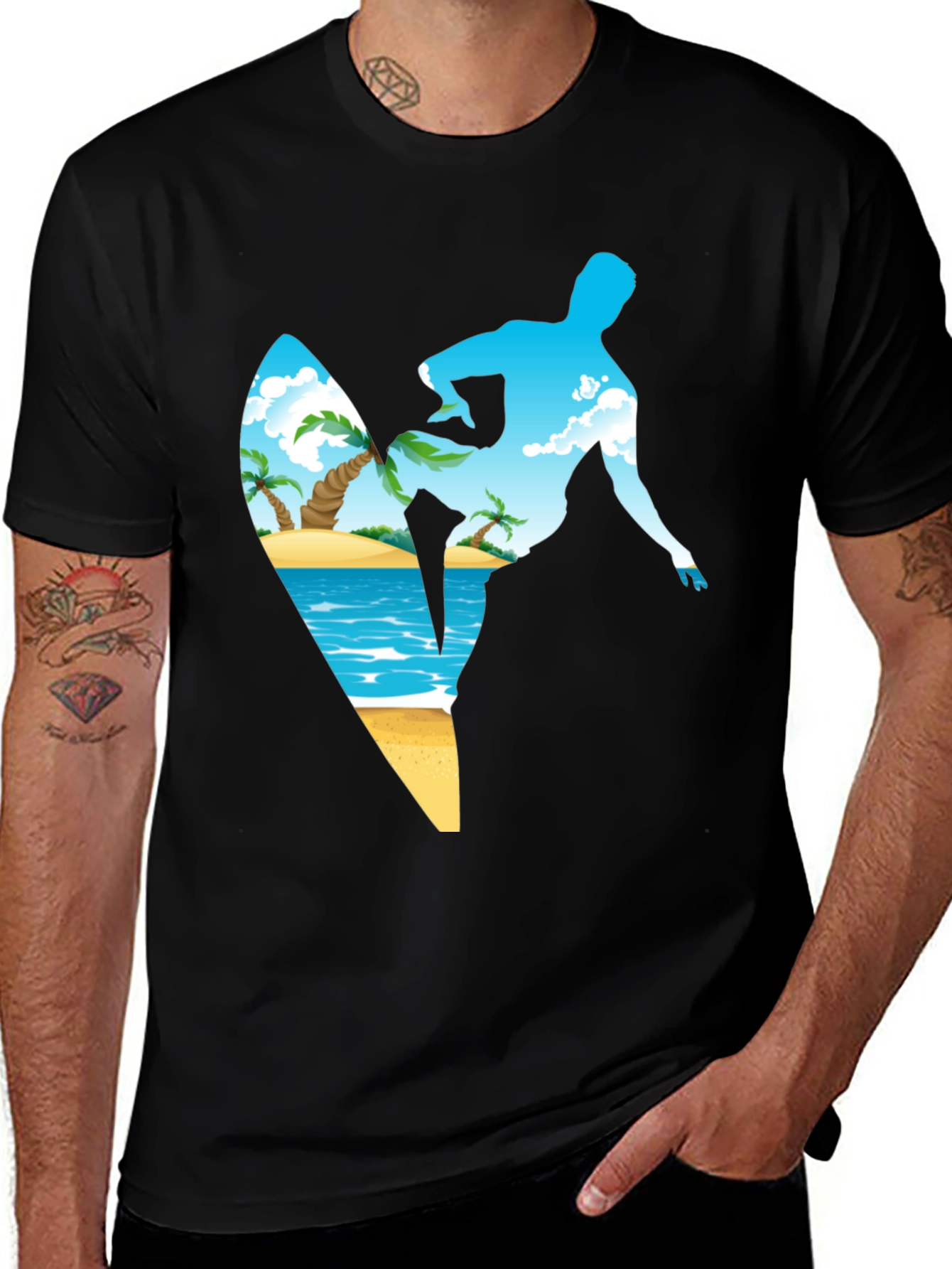 Variant 13 of Surfer Beach Scene Graphic Black T-Shirt