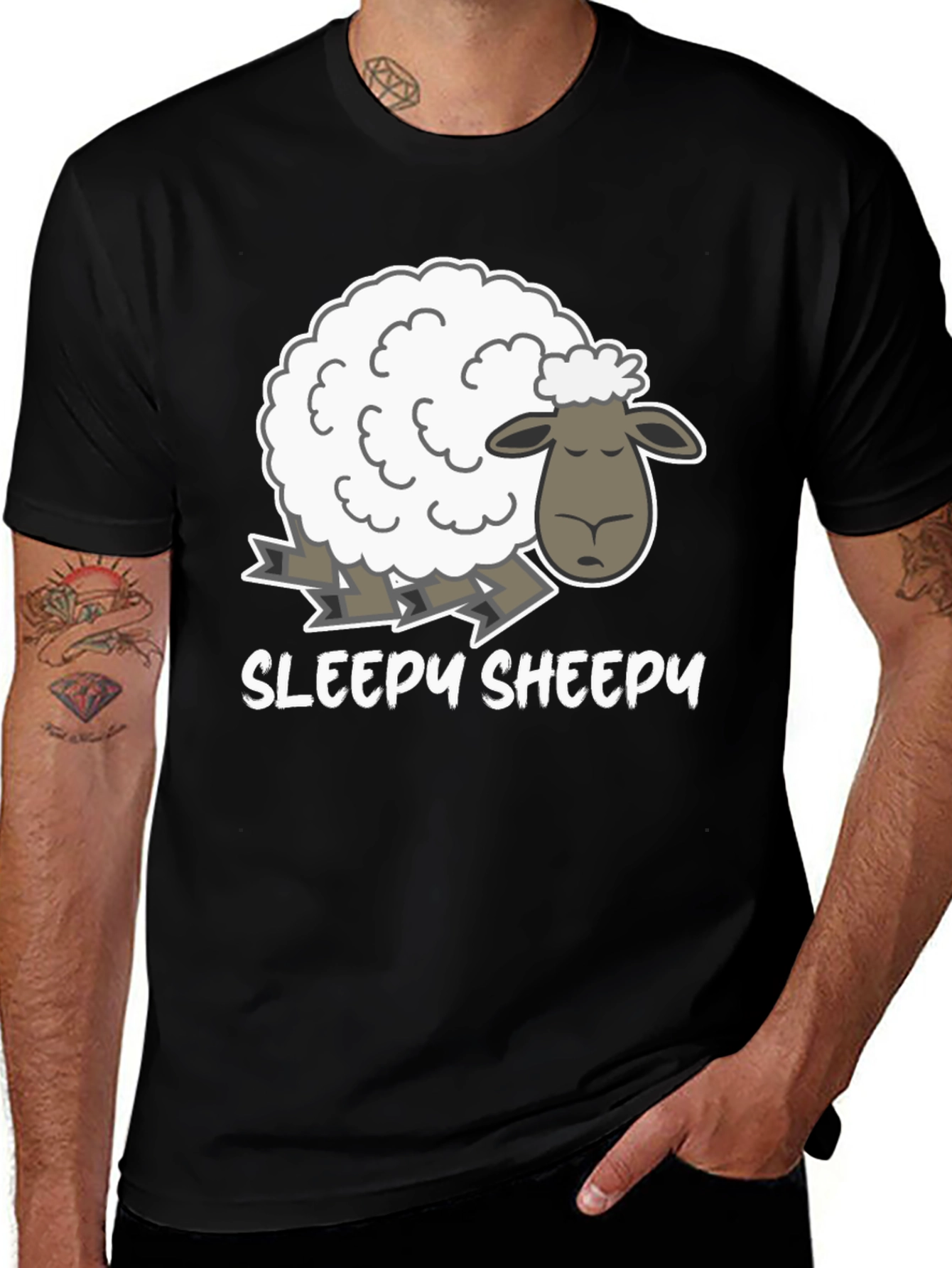 Variant 24 of Sleepy Sheepy Black T-Shirt - Cute Cartoon Sheep Design