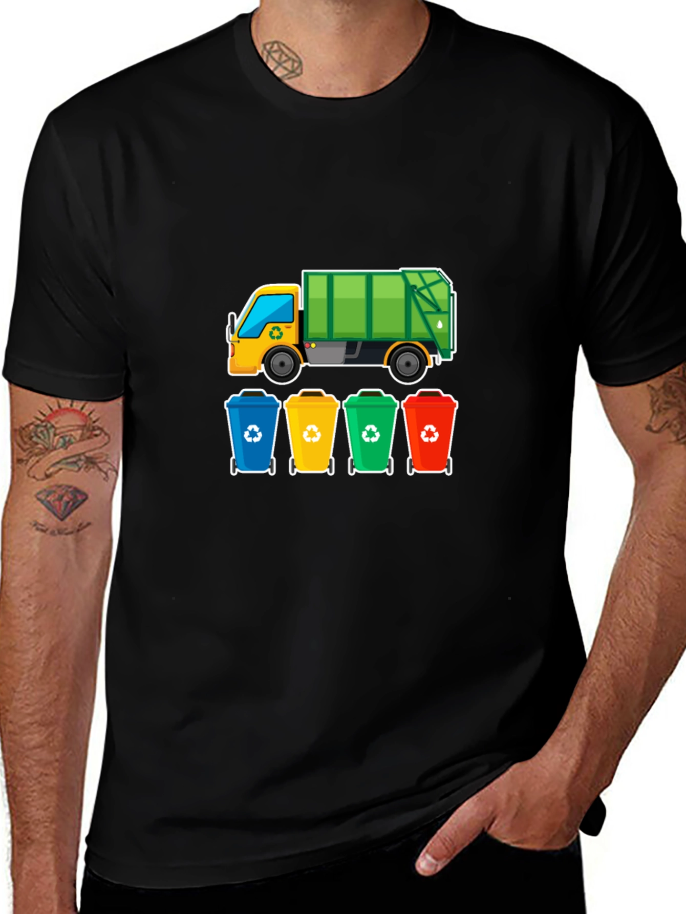 Variant 7 of Garbage Truck & Recycling Bins Graphic Tee - Black Cotton T-Shirt