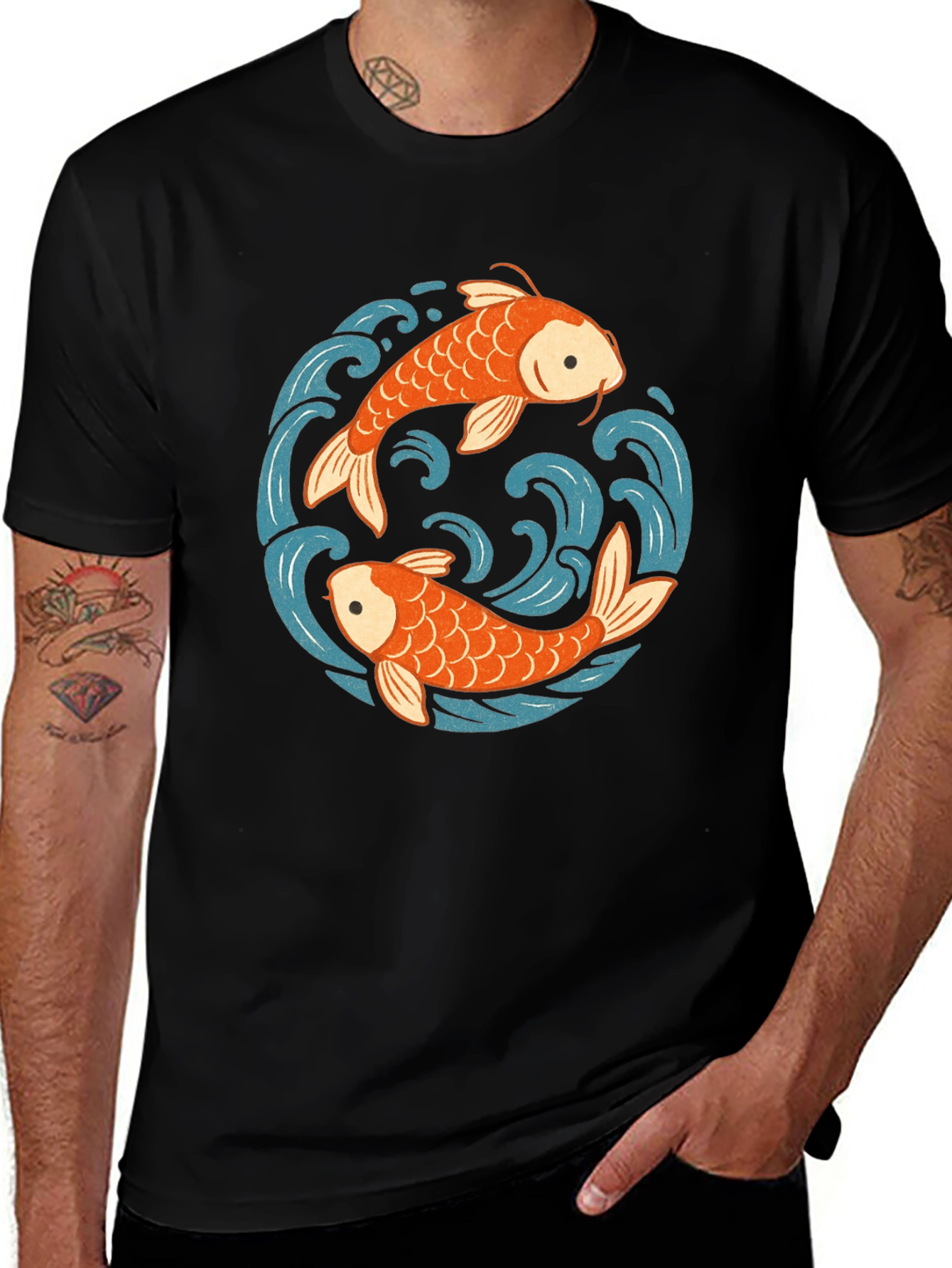 Variant 29 of Koi Fish Yin Yang Graphic Tee - Black Cotton Comfort