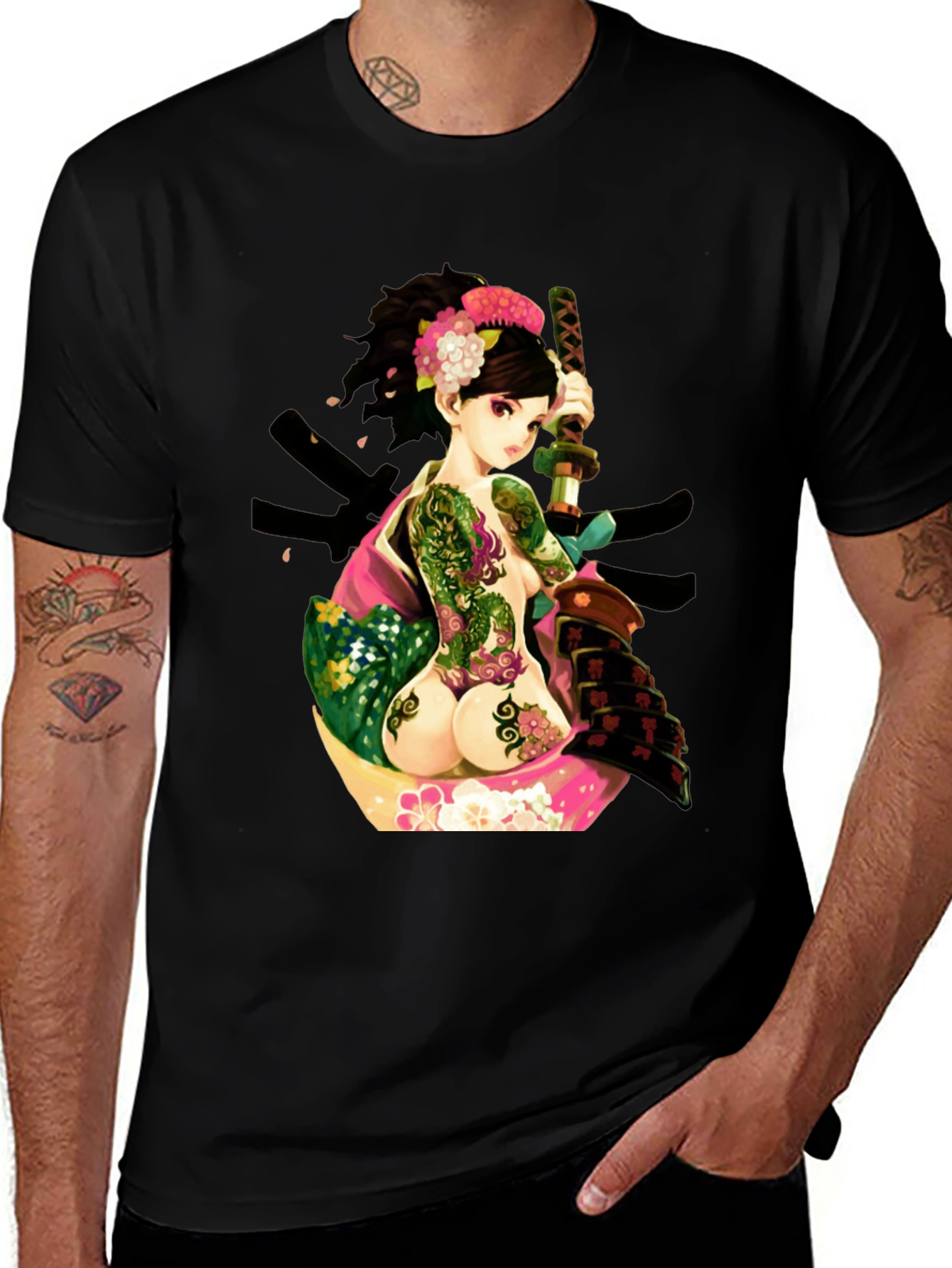 Variant 17 of Tattooed Geisha Graphic Tee - Black Cotton Shirt