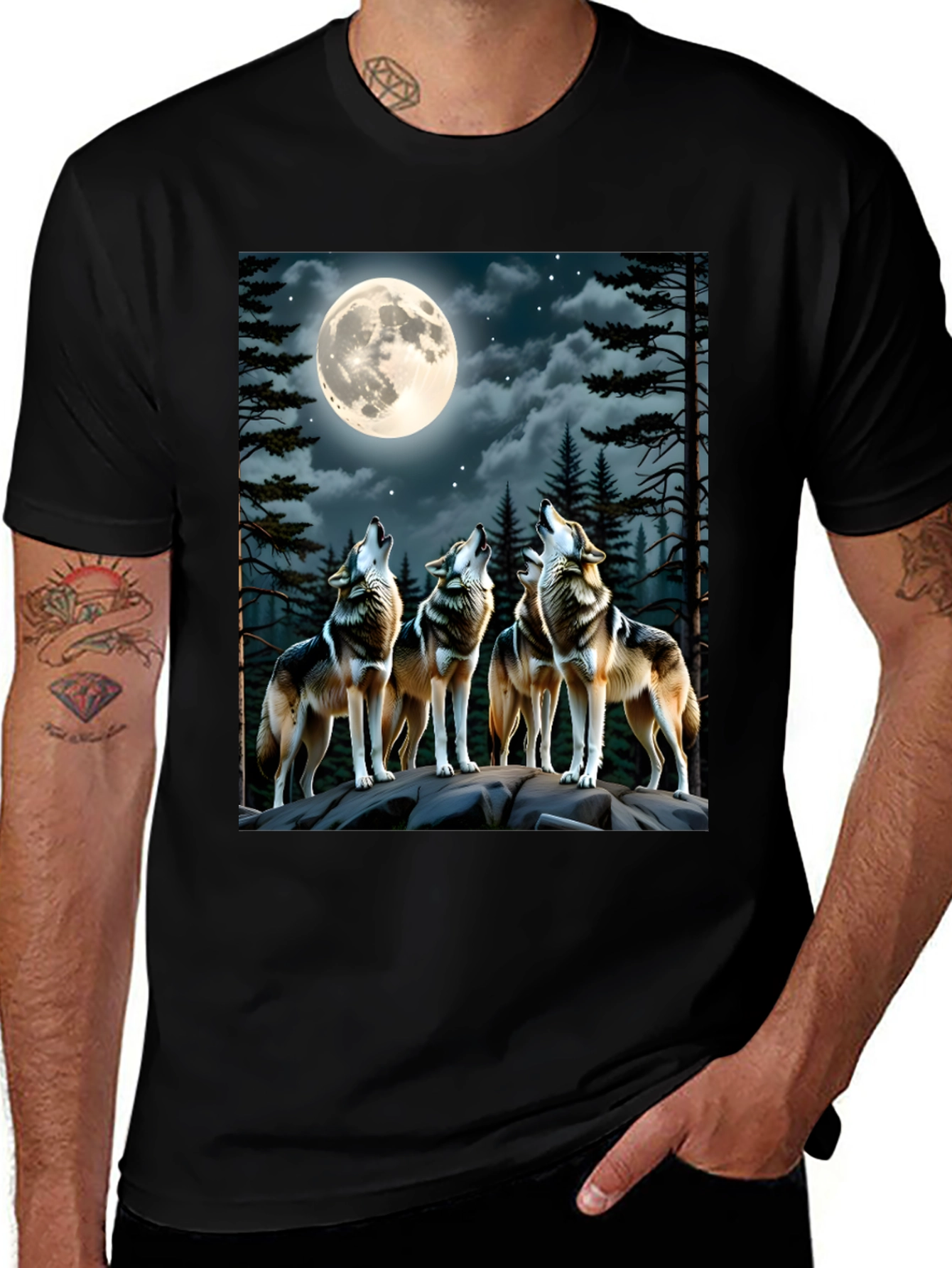 Black Wolf Pack Moon Graphic T-Shirt main image