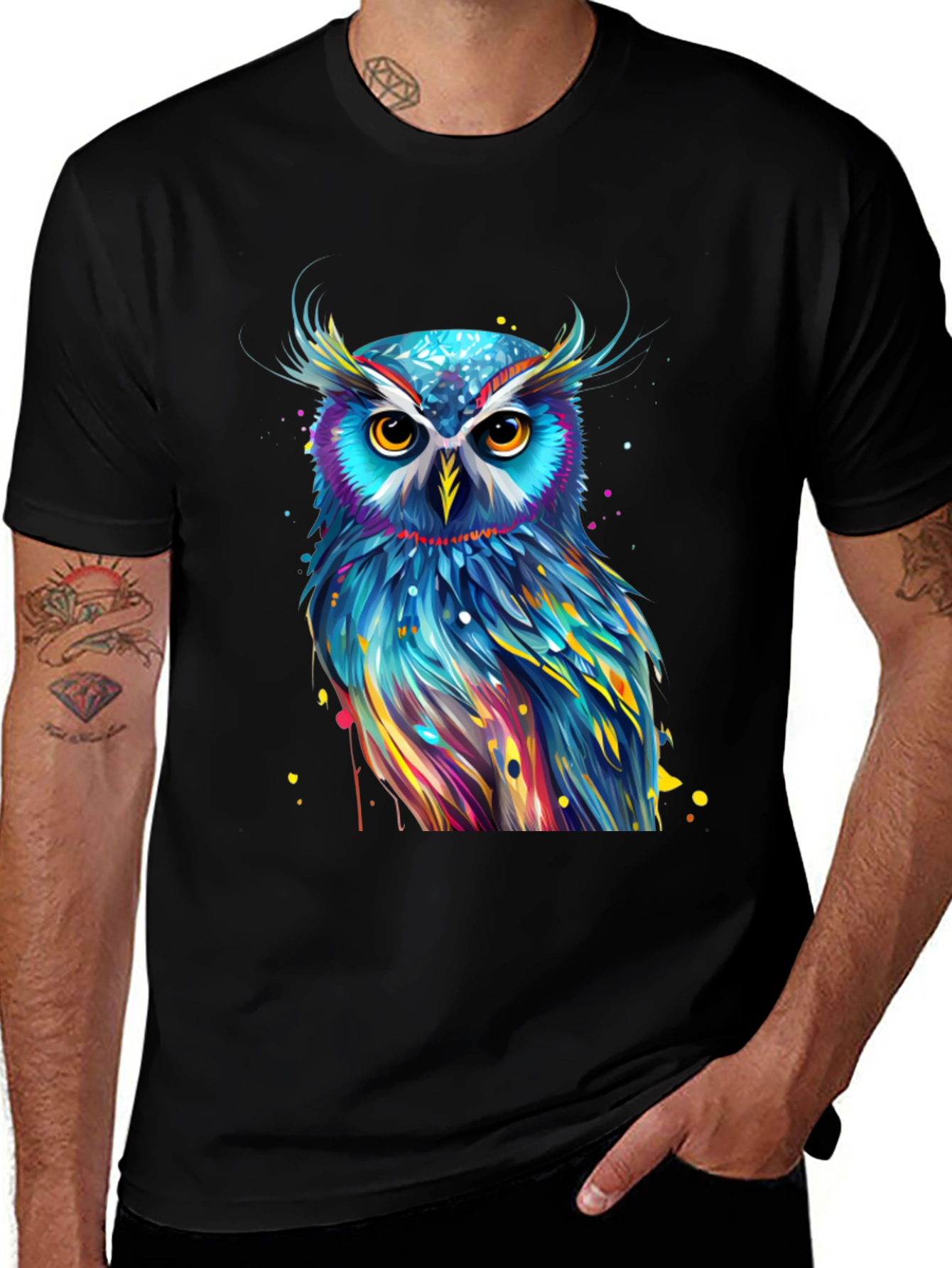 Variant 28 of Vibrant Owl Graphic T-Shirt - Men's Black Tee
