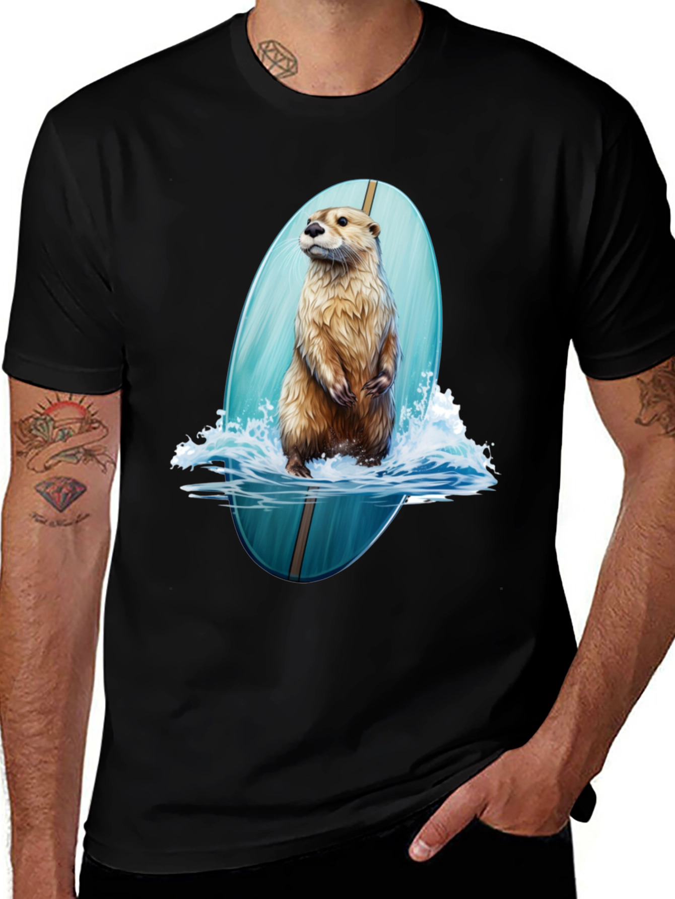 Variant 25 of Surfing Otter Graphic Tee - Black Cotton Shirt