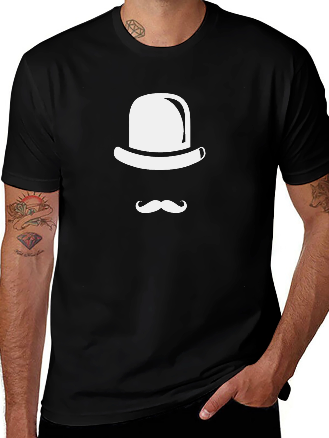 Retro Bowler Hat & Mustache Graphic Tee - Classic Style