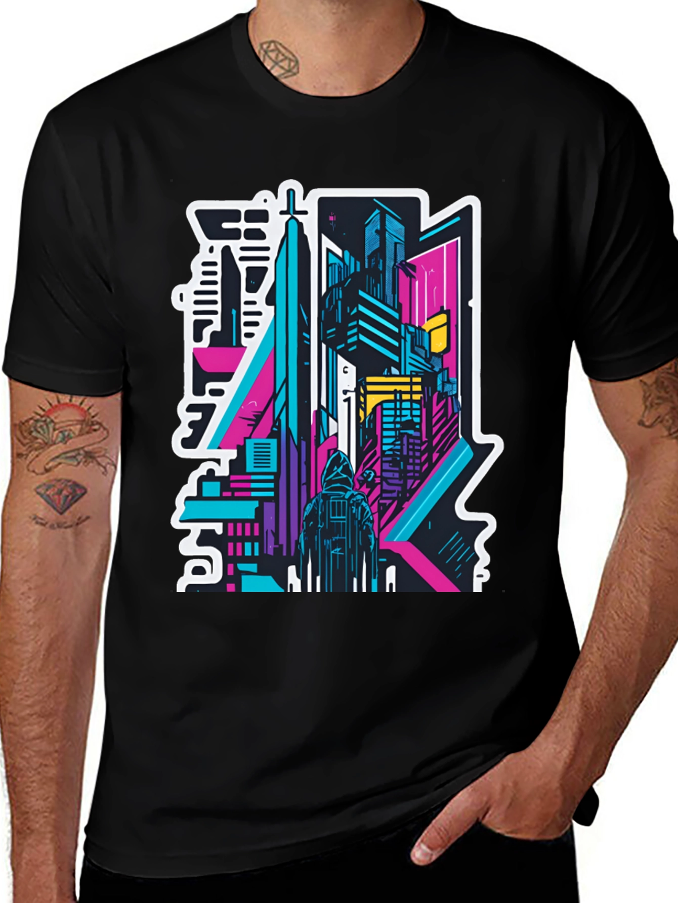Variant 23 of Cyberpunk Cityscape Graphic Tee - Black