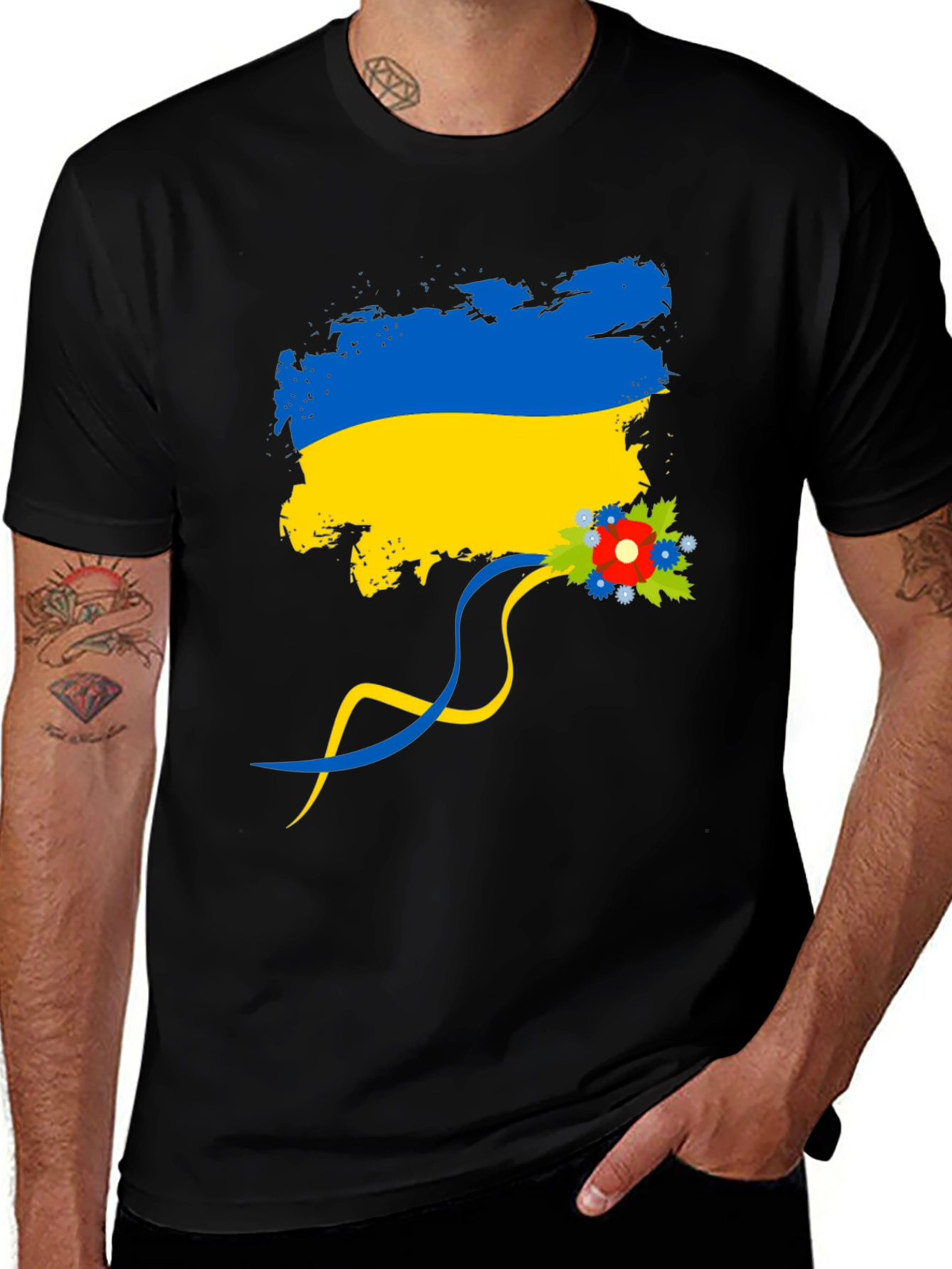 Variant 20 of Ukraine Flag T-Shirt - Patriotic Floral Design