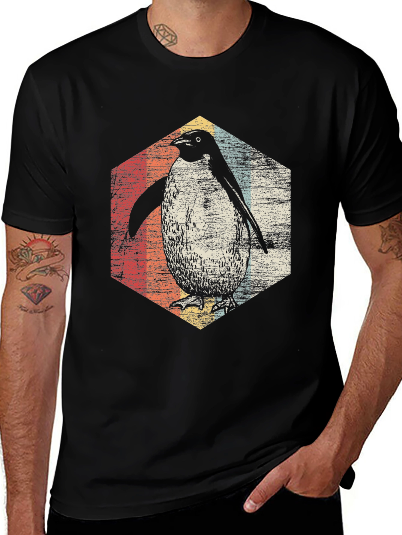 Variant 13 of Retro Penguin Graphic T-Shirt - Unique Hexagon Design