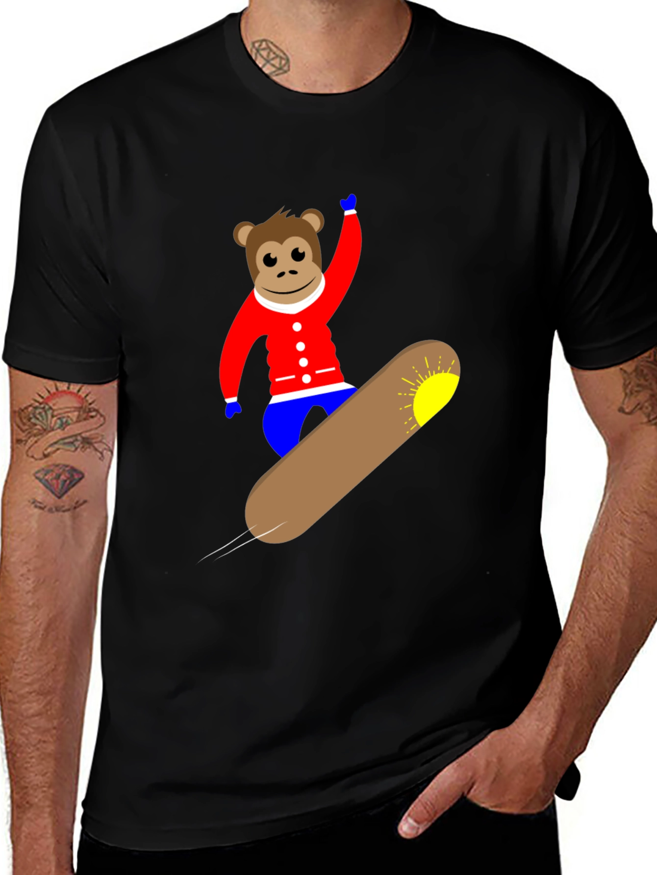Variant 4 of Monkey Snowboard T-Shirt - Black, Fun Design