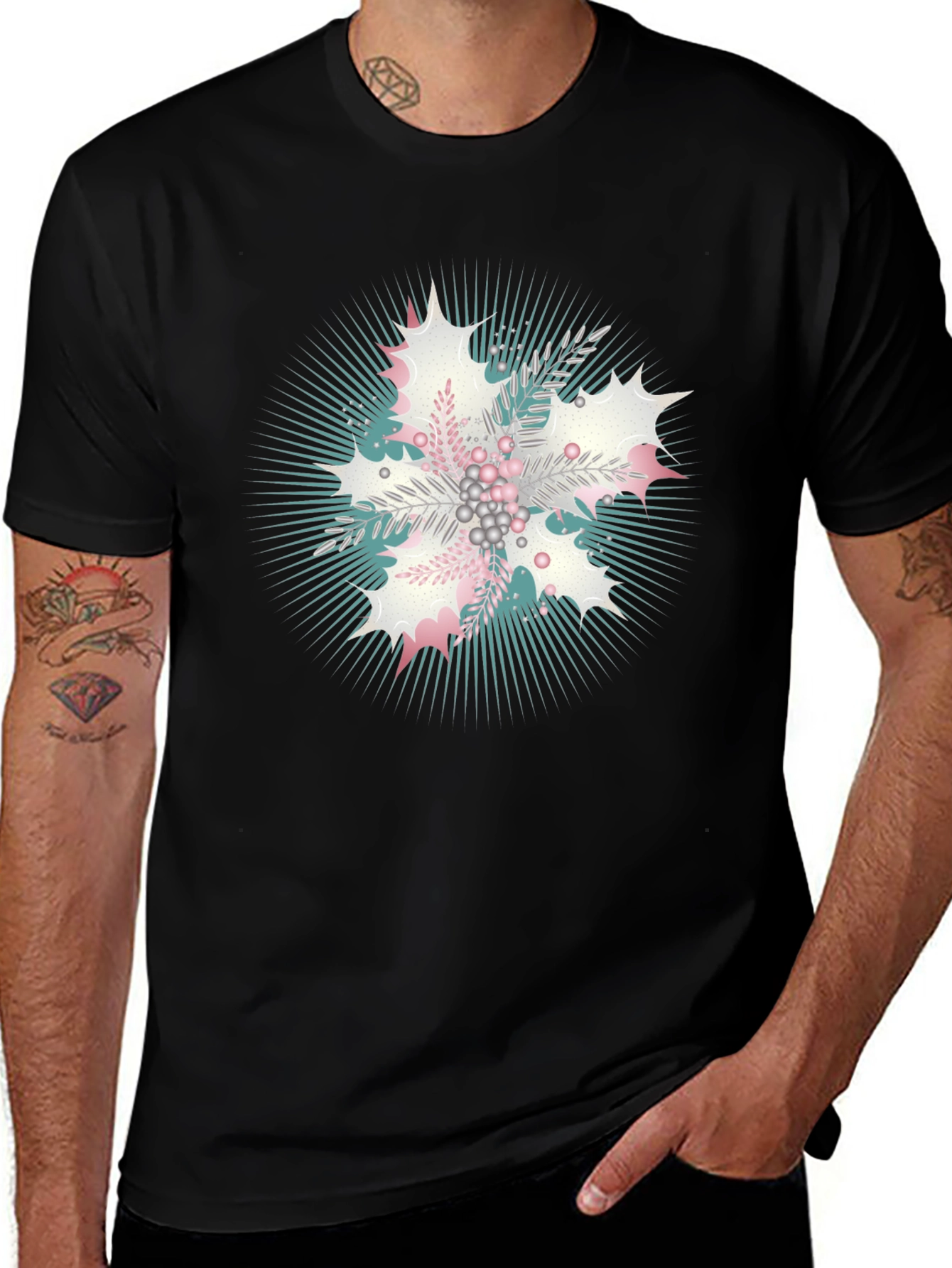 Variant 18 of Festive Floral Burst Black T-Shirt