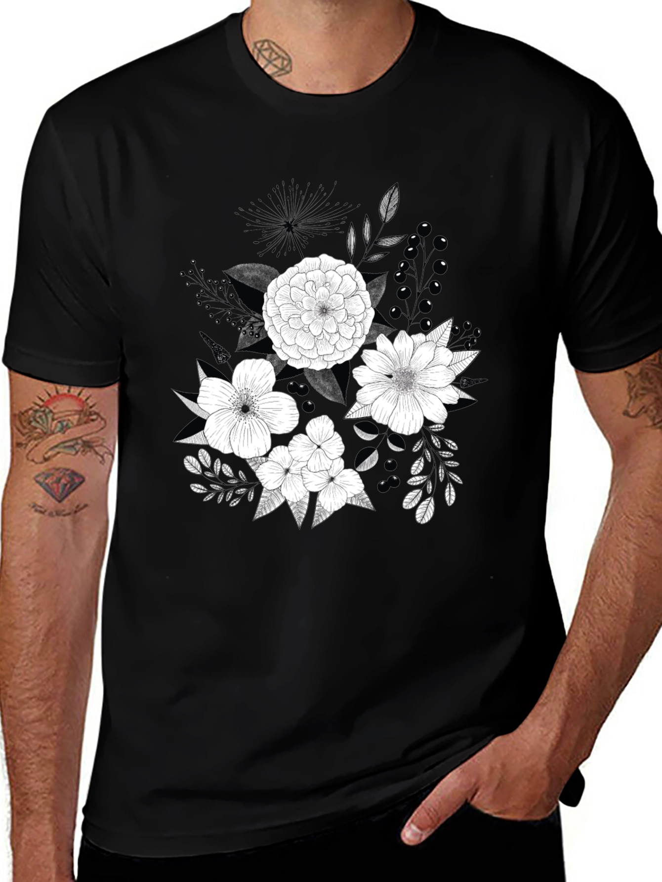 Variant 30 of Floral Print Black T-Shirt - Artistic Casual Wear