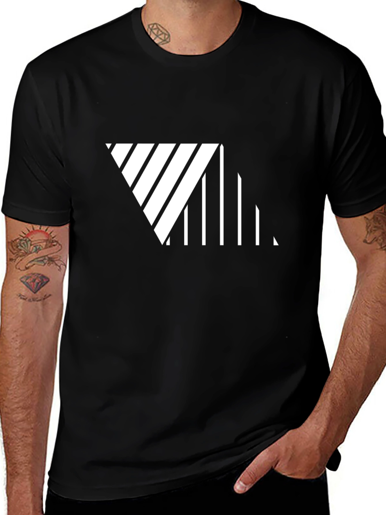 Variant 13 of Modern Geometric Striped Triangle Black T-Shirt