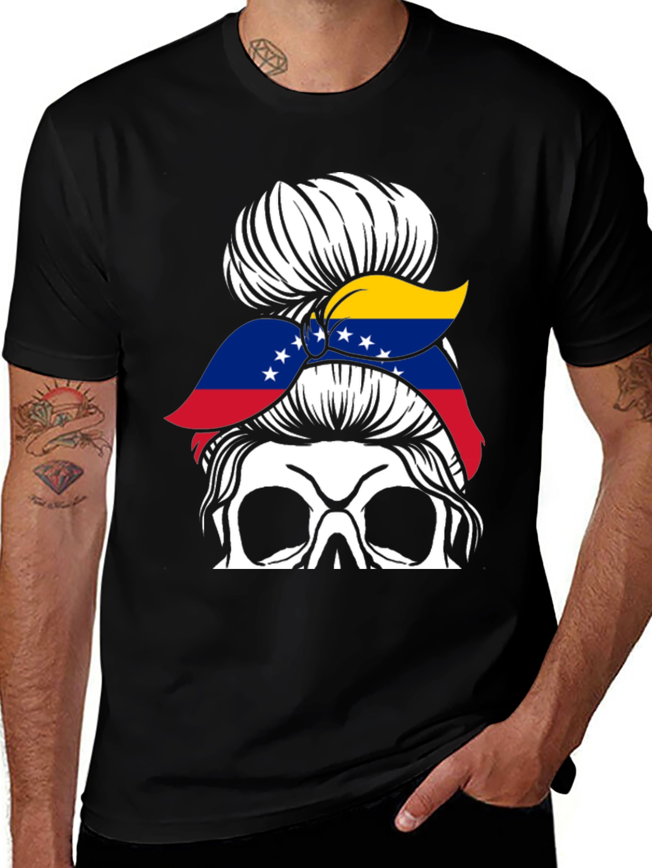 Venezuela Flag Messy Bun Skull T-Shirt