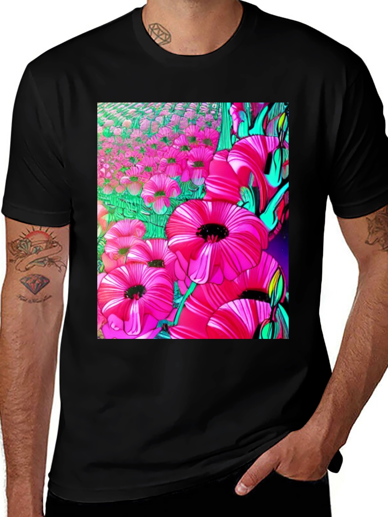Variant 2 of Floral Print Graphic T-Shirt - Vibrant Flower Design