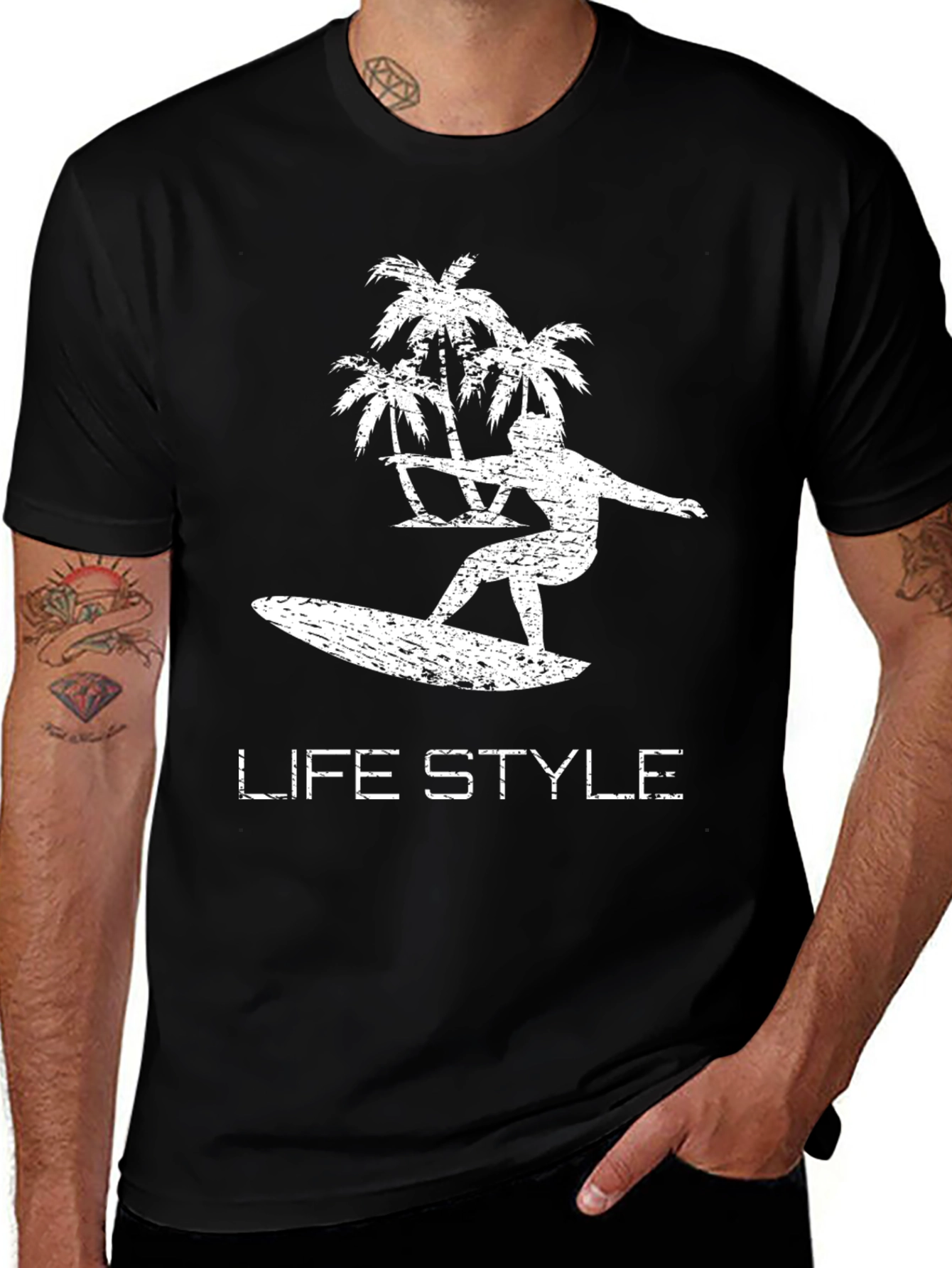 Variant 28 of Black Life Style Palm Trees Surfboard Graphic T-Shirt