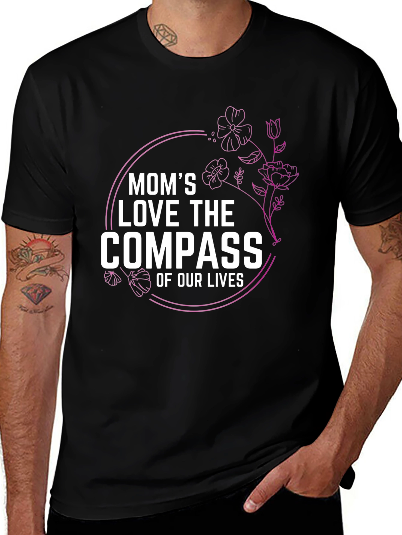 Mom's Love Compass T-Shirt, Floral Design, Black Tee