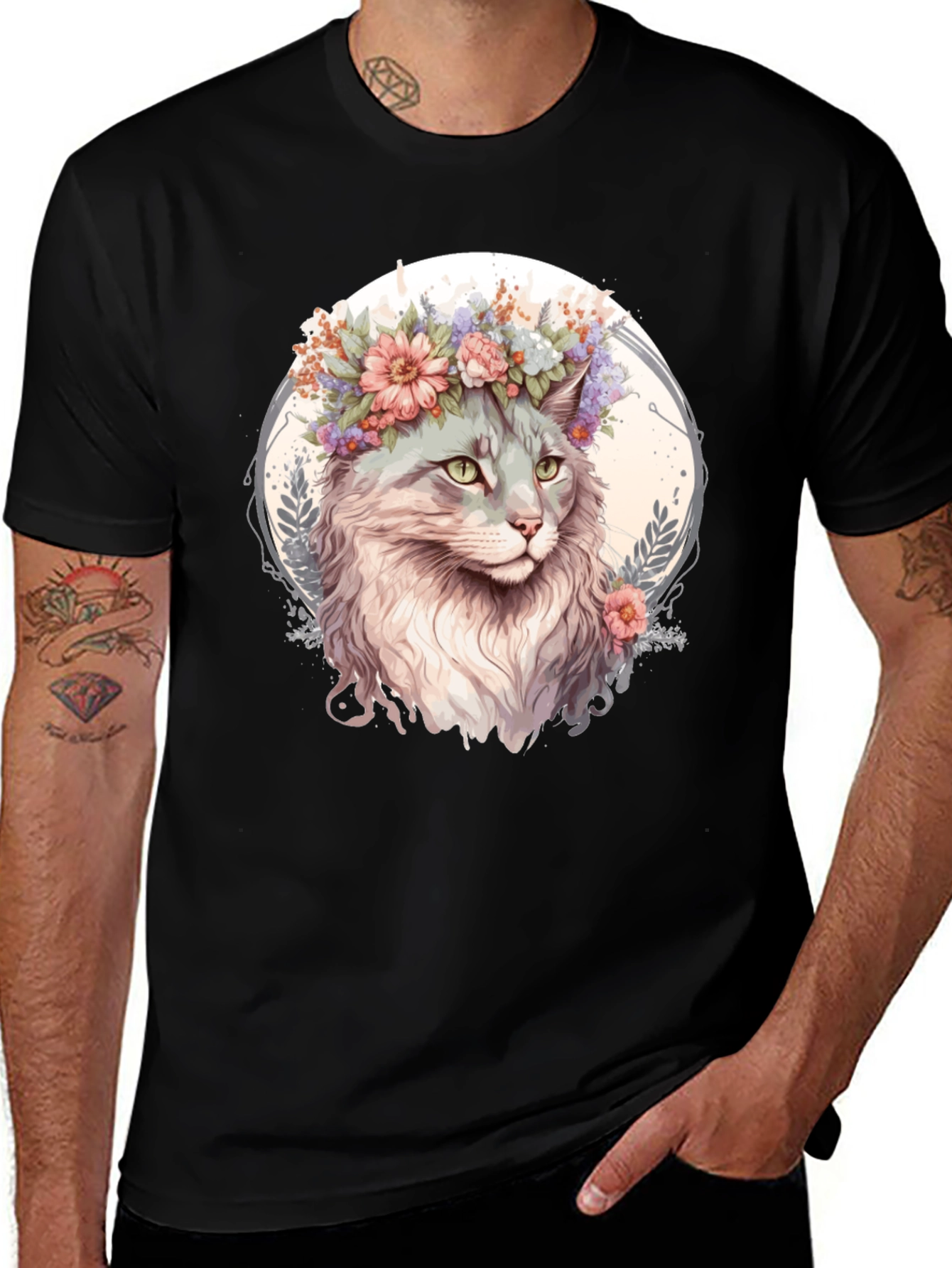 Variant 20 of Floral Cat Crown T-Shirt - Artistic Graphic Tee