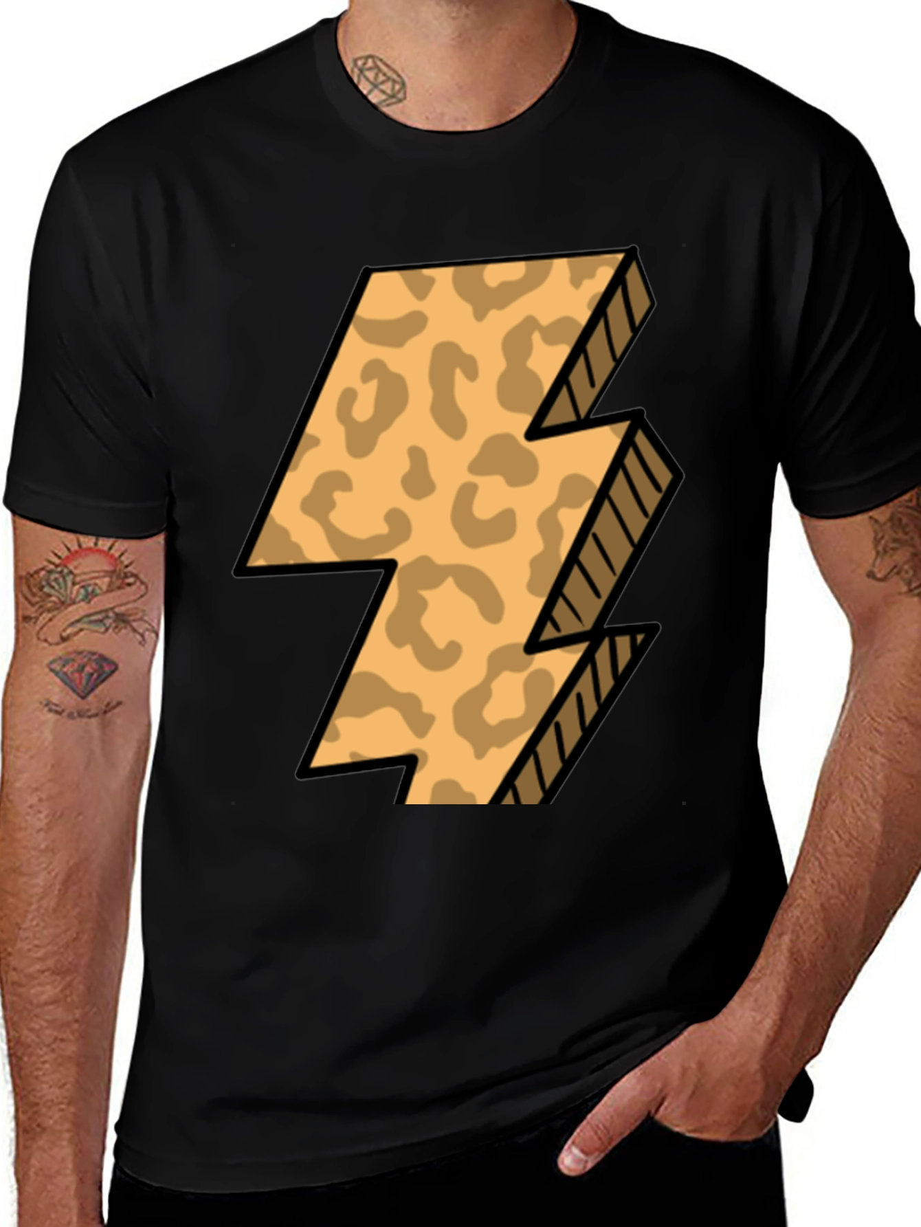 Leopard Print Lightning Bolt T-Shirt - Black