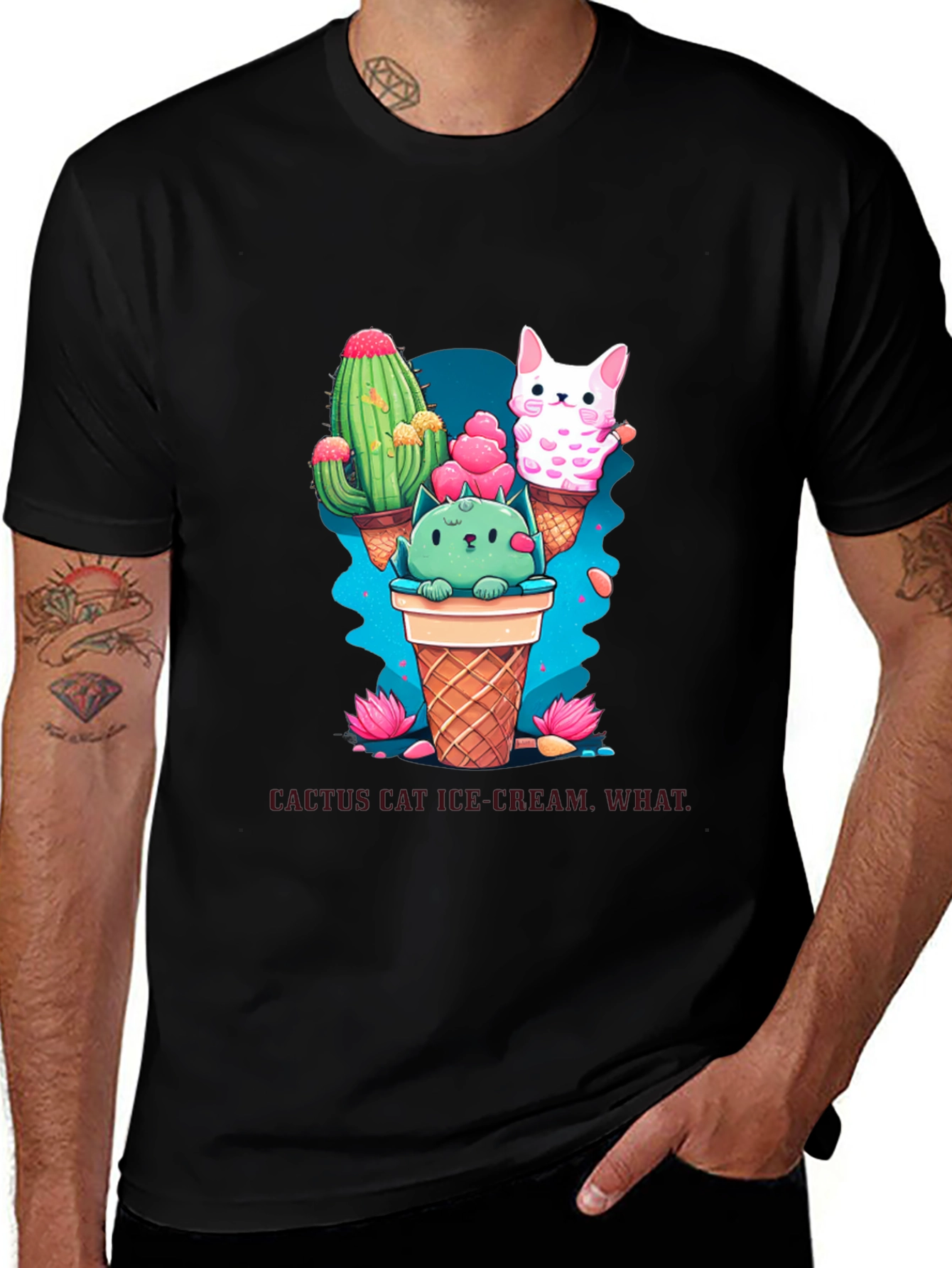 Variant 2 of Cactus Cat Ice Cream Black T-Shirt