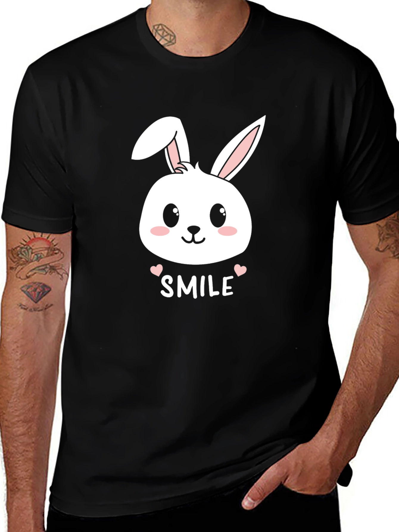 Variant 24 of Cute Bunny Smile T-Shirt - Men's Black Graphic Tee