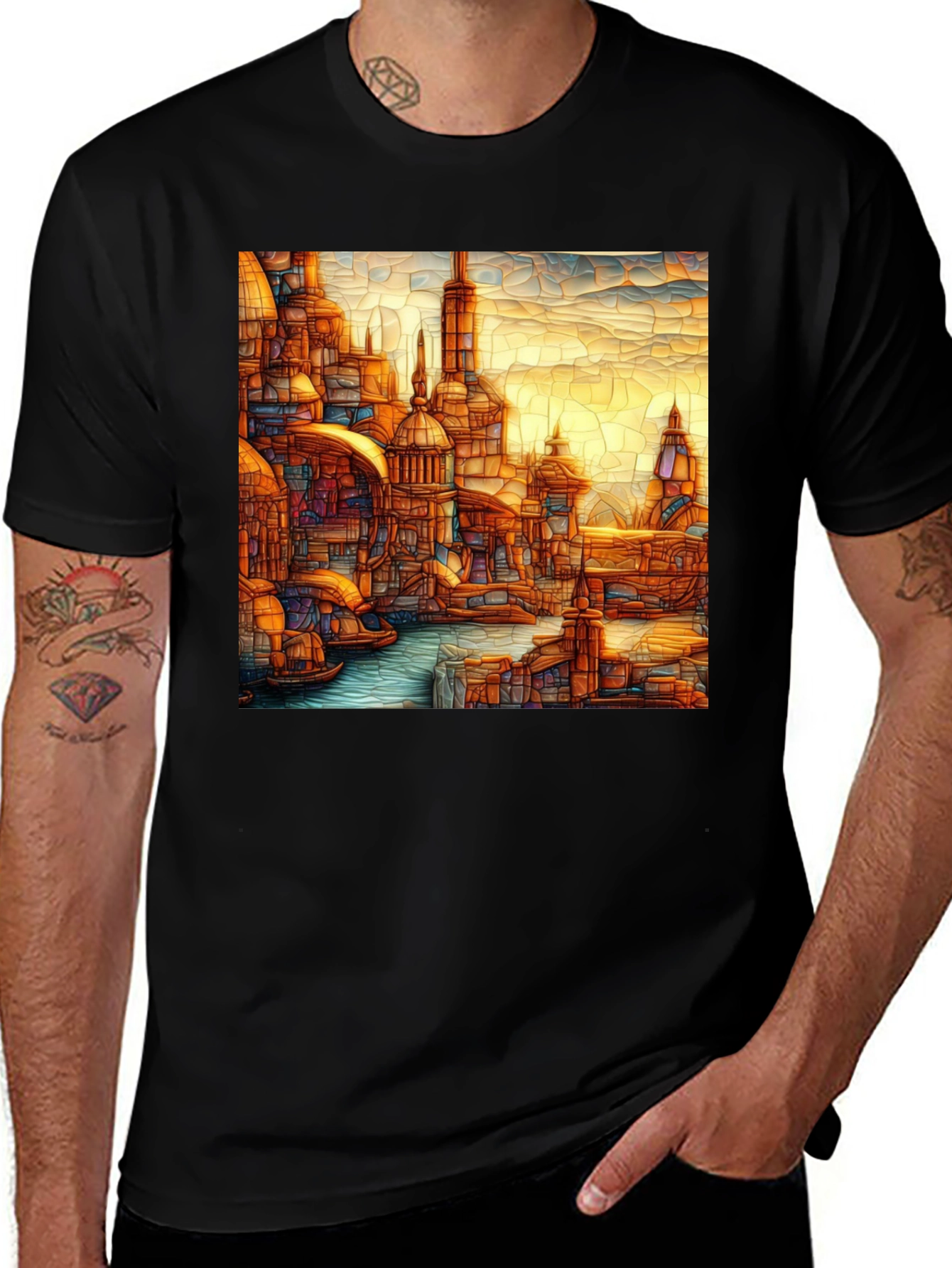 Venice Style T-Shirt, Black Tee With Venice Art