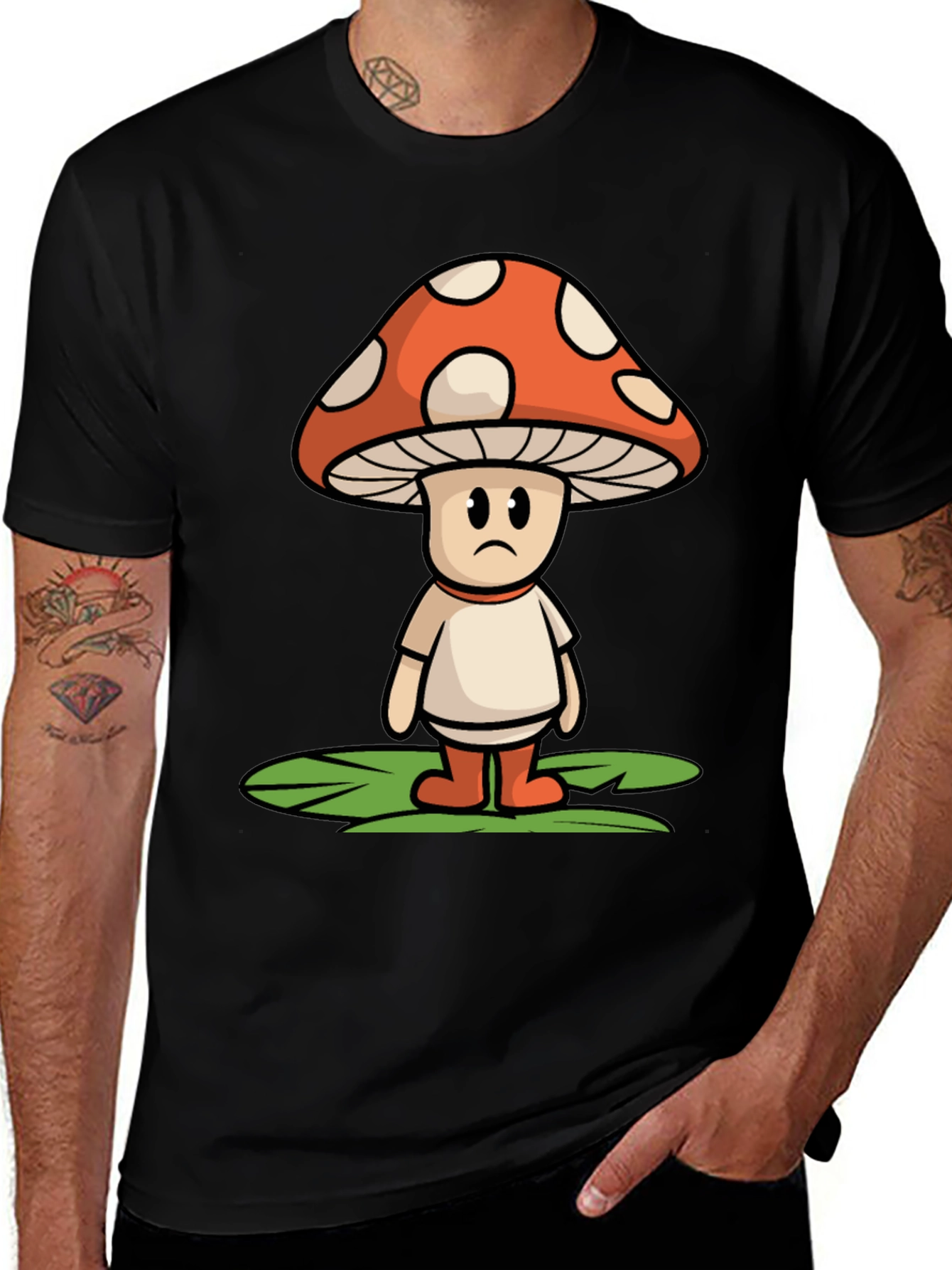 Variant 27 of Sad Mushroom Graphic Tee - Funky Black T-Shirt