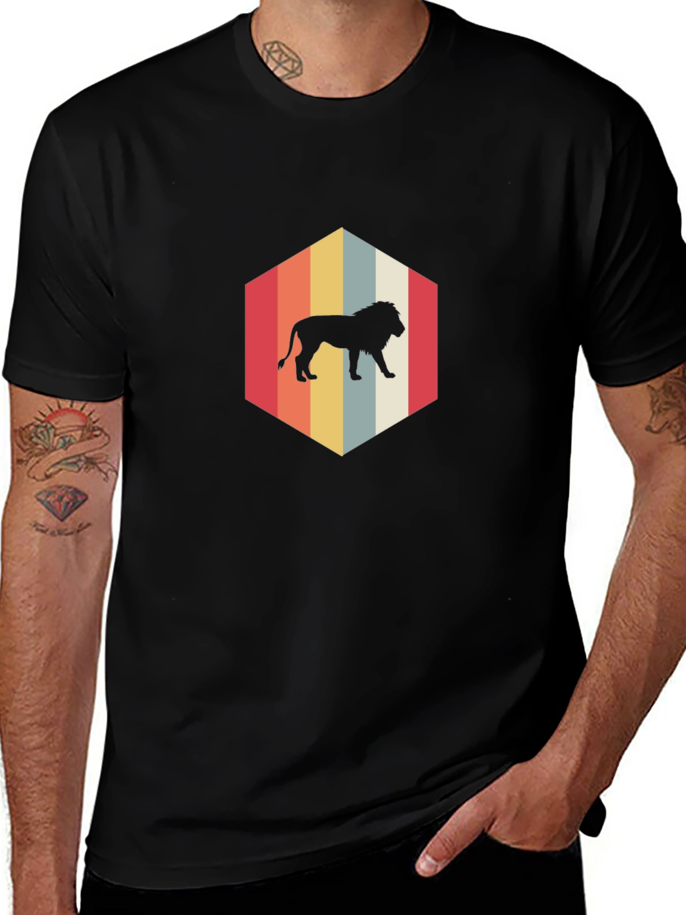 Retro Lion Hexagon Graphic T-Shirt