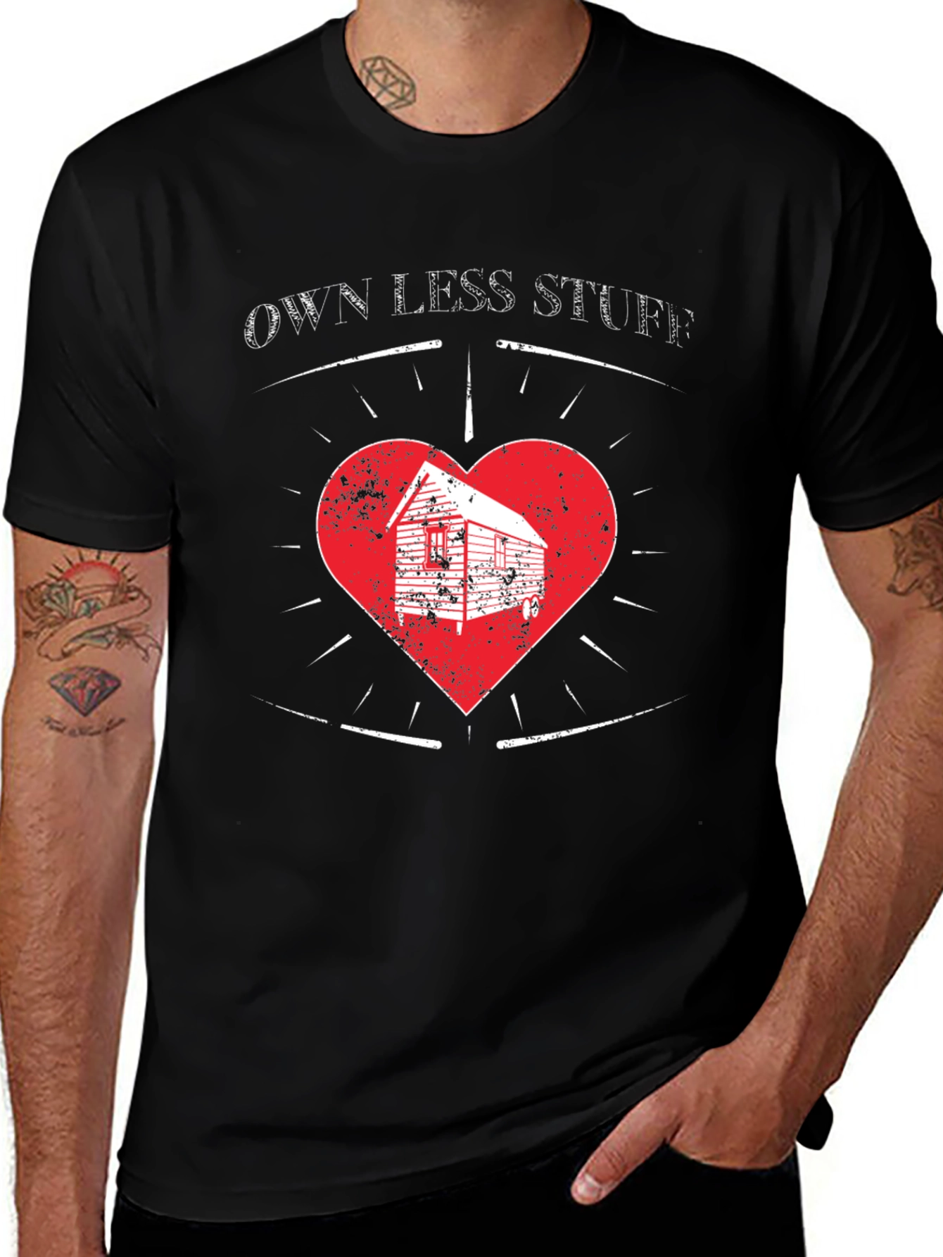 Own Less Stuff T-Shirt Minimalist Tiny Home Heart Graphic Tee