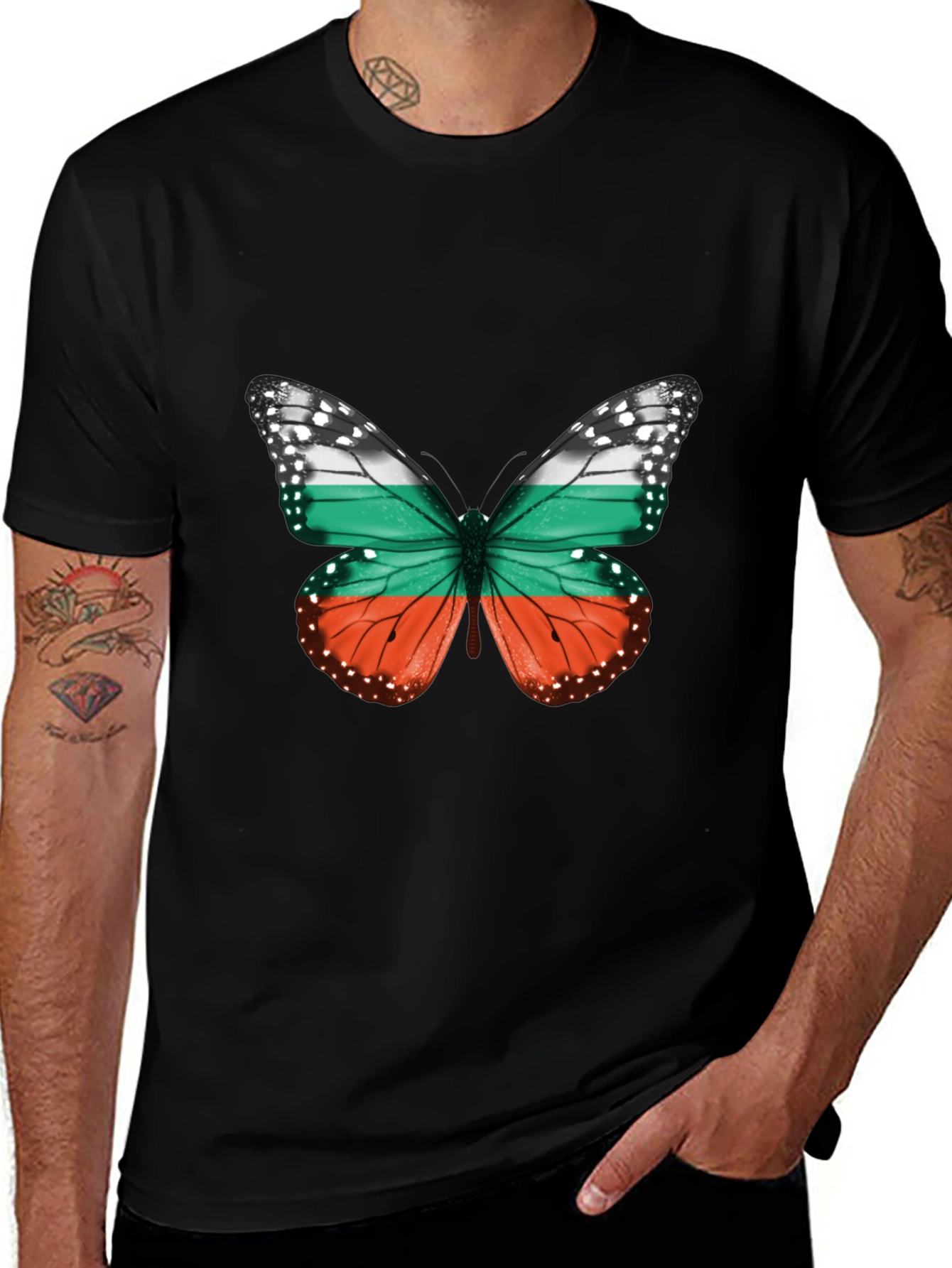 Butterfly Bulgaria Flag Graphic Black T-Shirt
