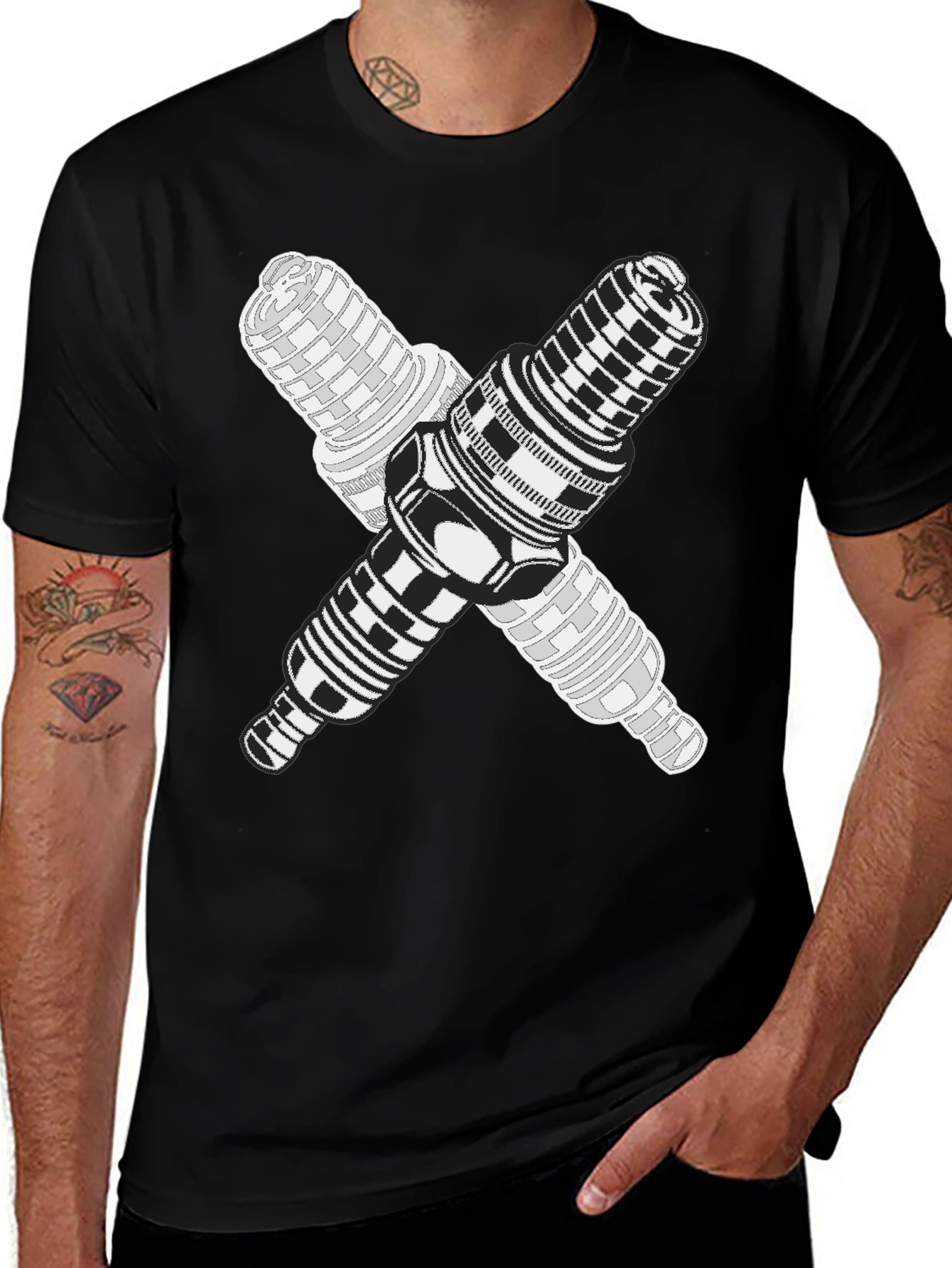 Variant 5 of Crossed Spark Plugs Graphic Tee - Black Cotton Blend
