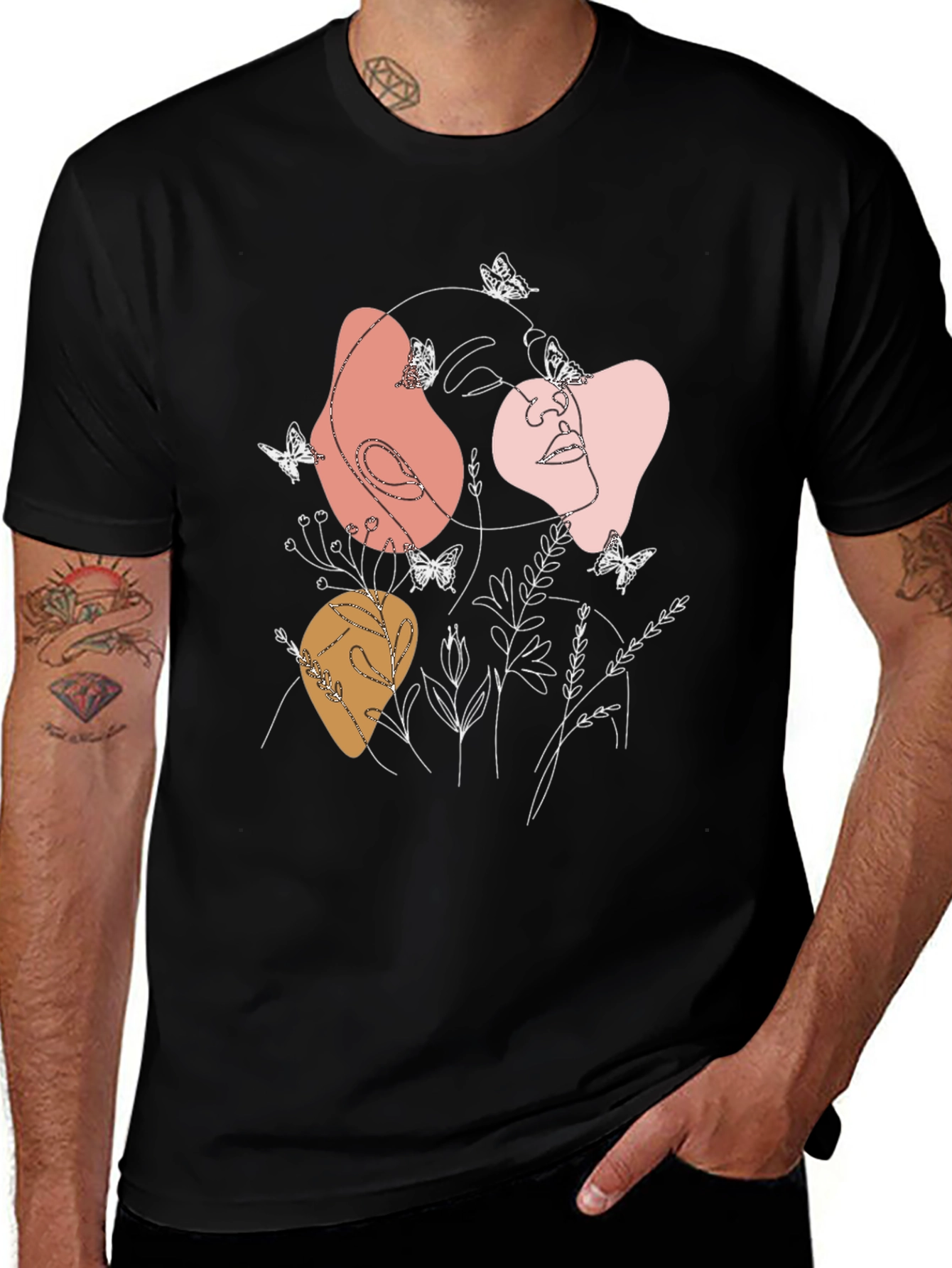 Variant 16 of Abstract Face & Butterflies Graphic Black T-Shirt
