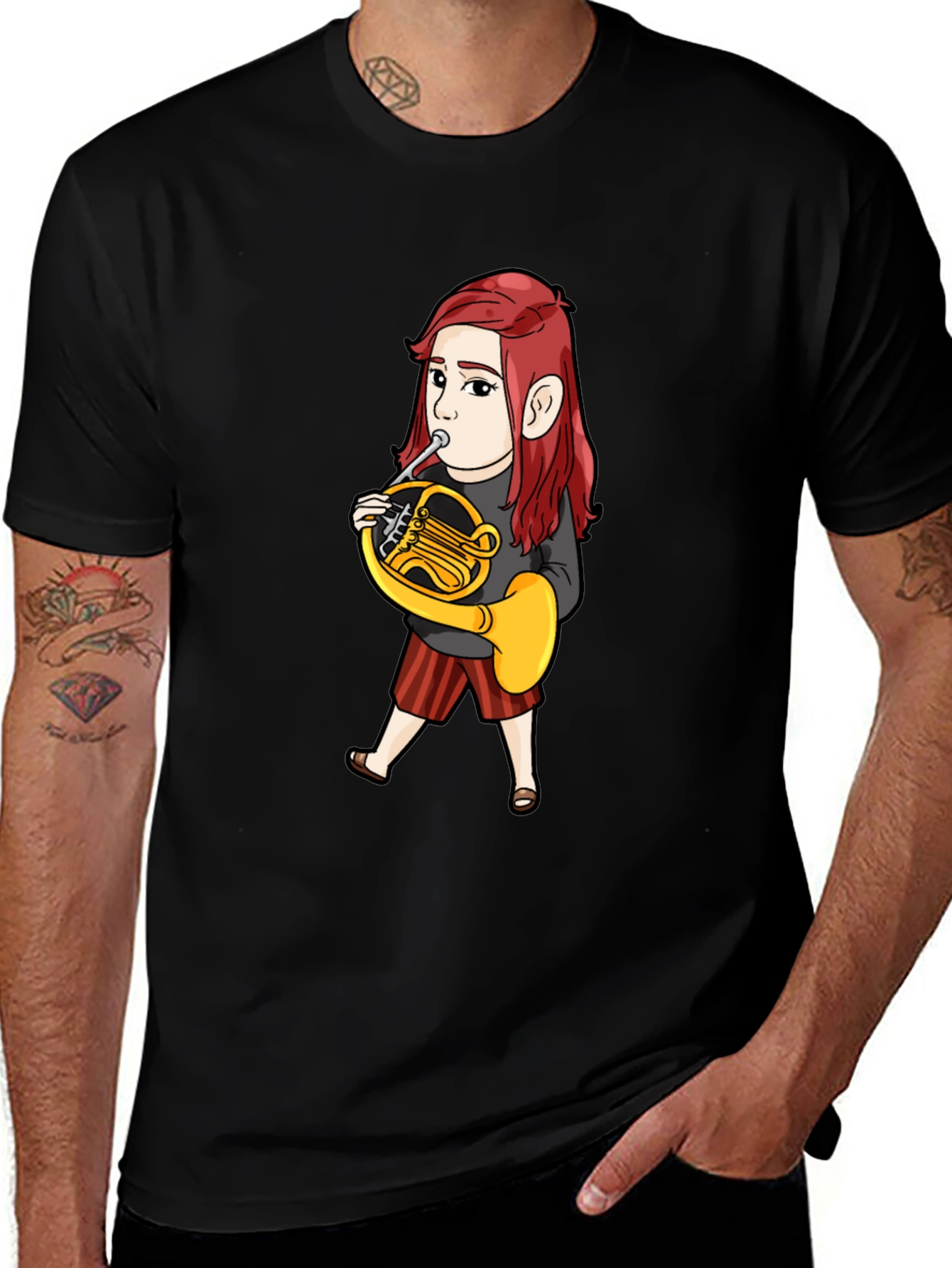 Black French Horn Player Cartoon T-Shirt main image