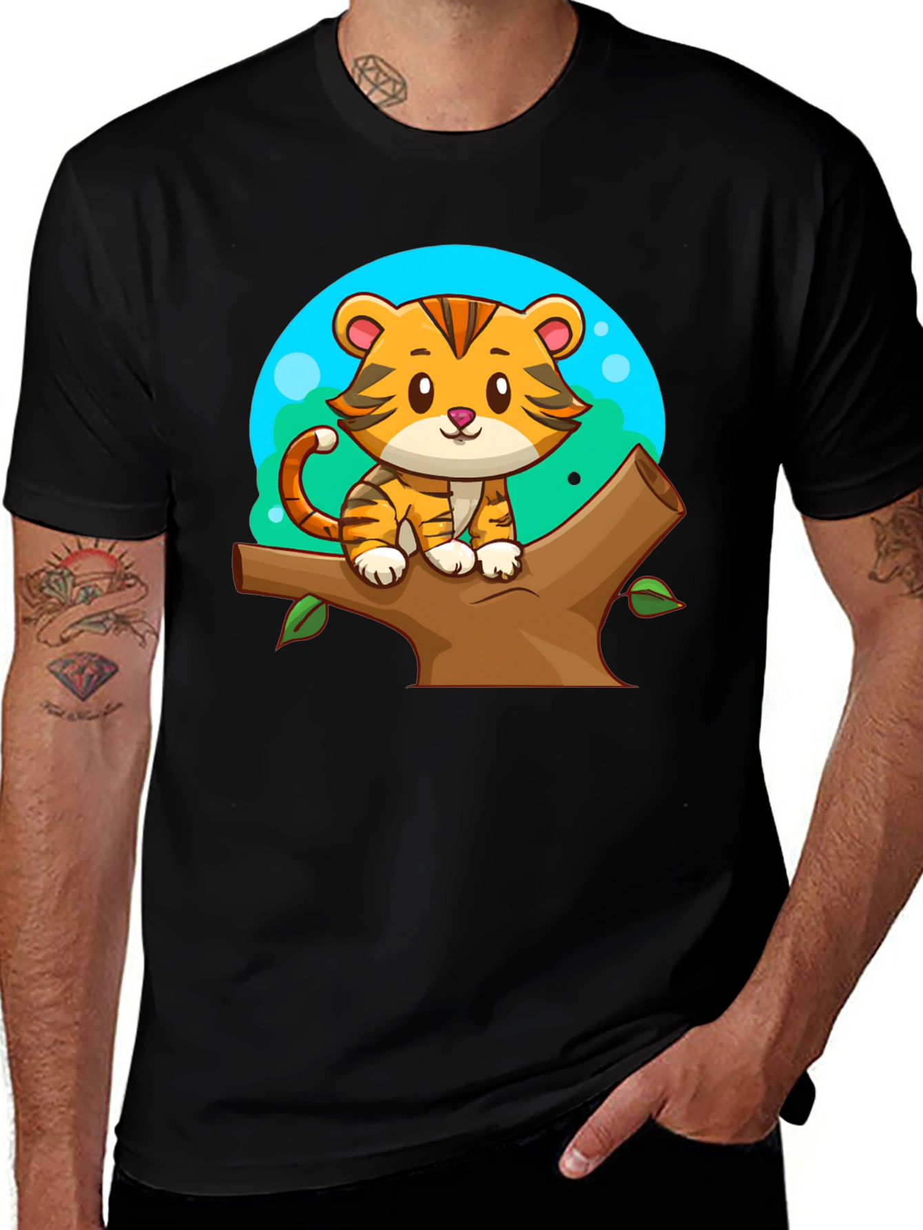 Variant 7 of Cute Tiger on Tree Branch Black T-Shirt