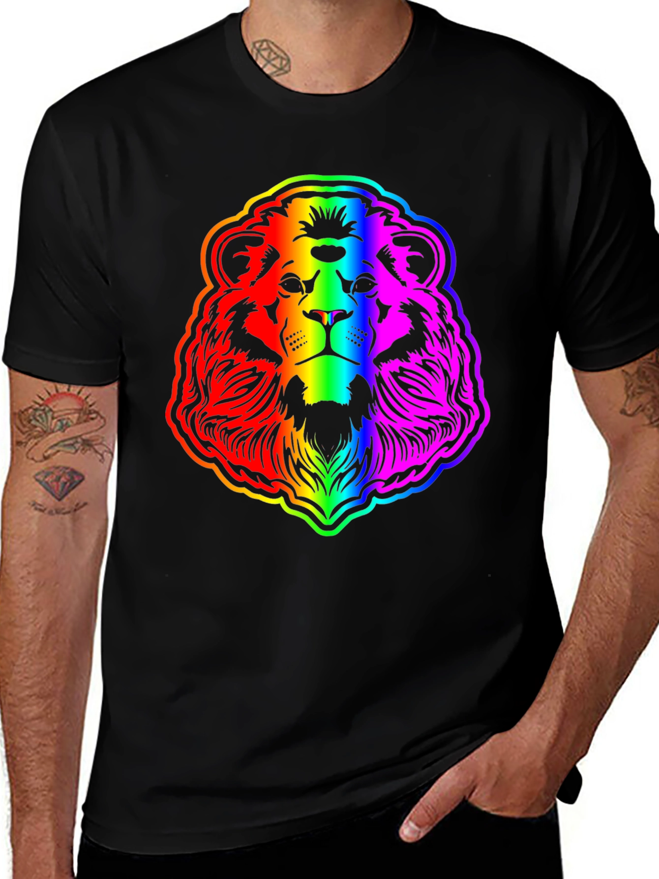 Variant 6 of Rainbow Lion Graphic Tee - Bold Men's Black T-Shirt