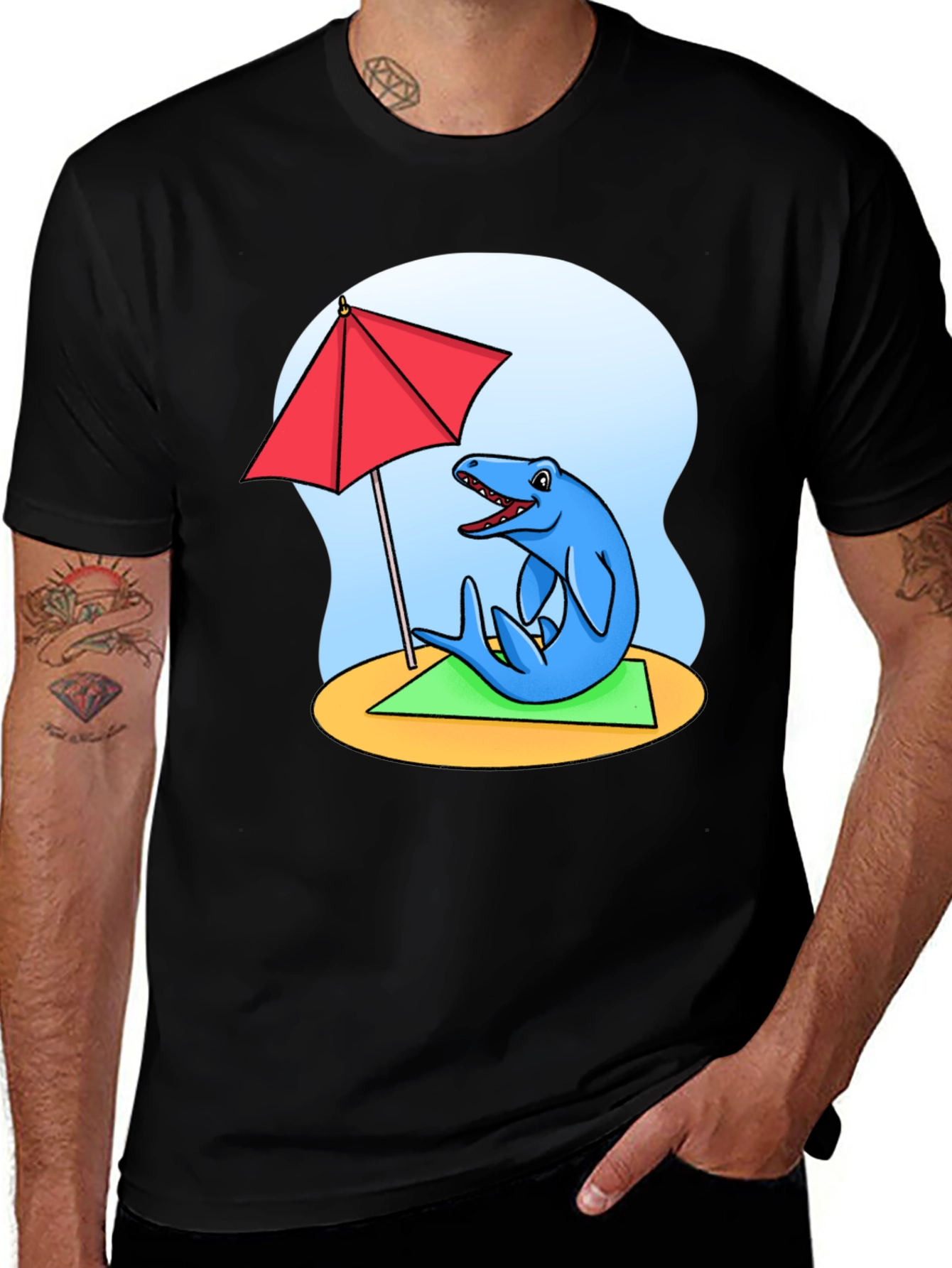 Variant 30 of Dino Beach T-Shirt: Relaxing Blue Dinosaur Under Umbrella