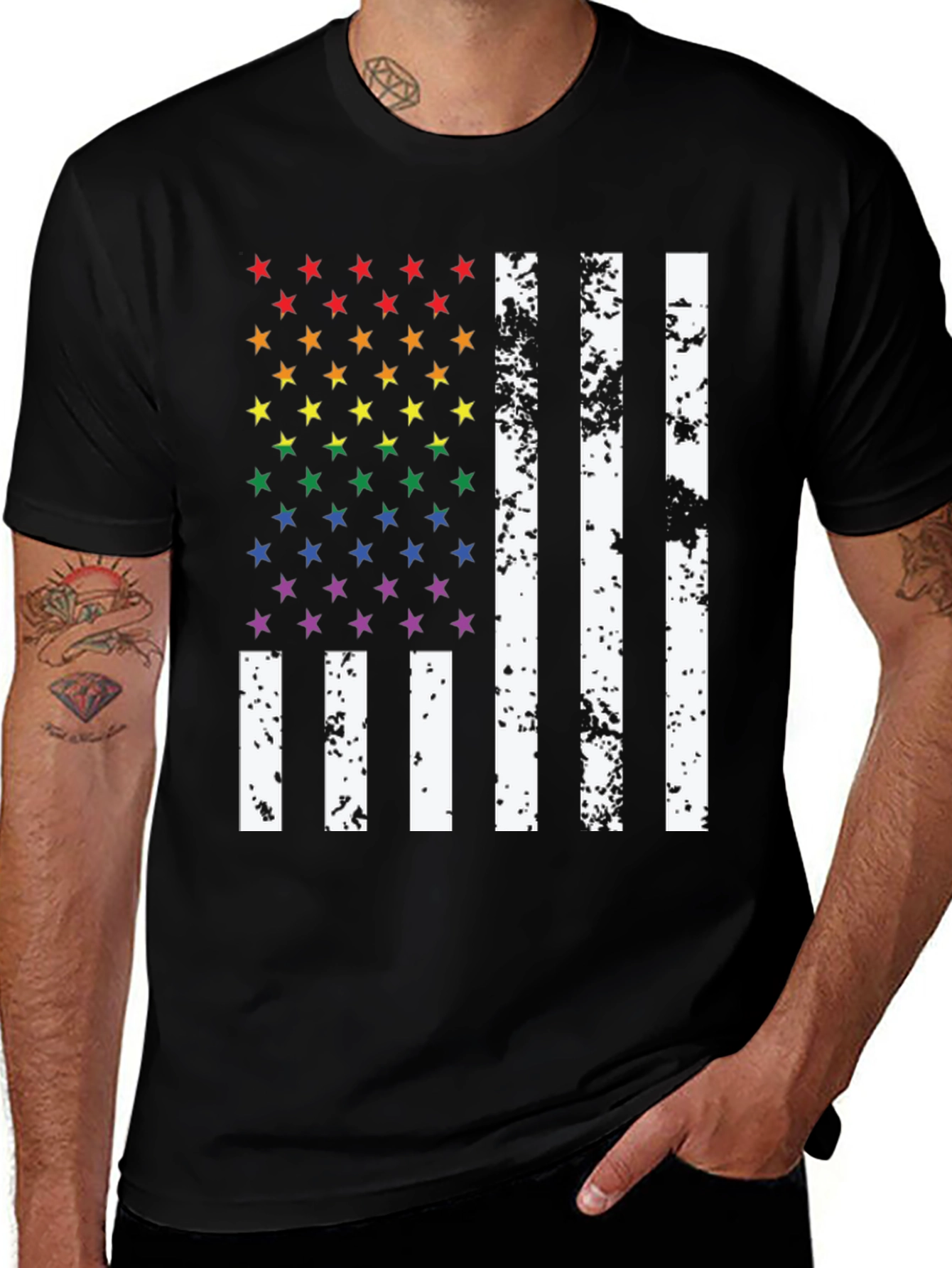 Pride Flag T-Shirt - Rainbow Stars & Stripes 