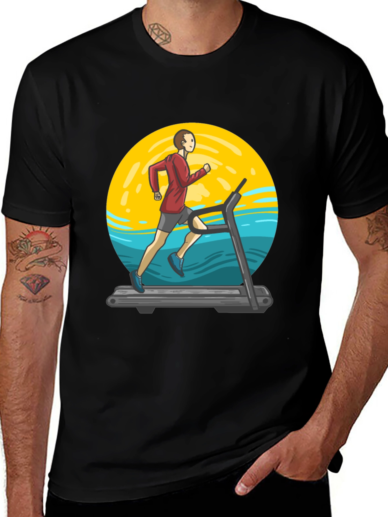 Variant 12 of Running Treadmill Graphic Tee - Black Cotton Casual Shirt