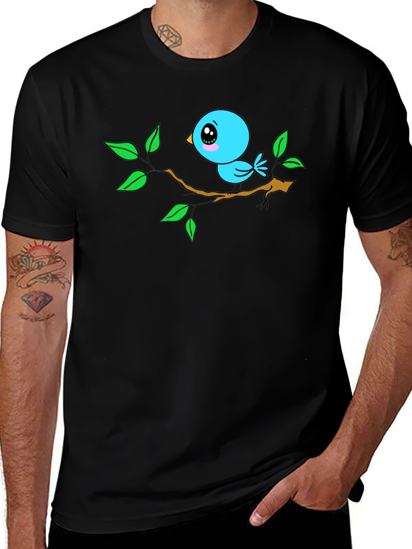 Variant 3 of Cartoon Bird on Branch Black T-Shirt