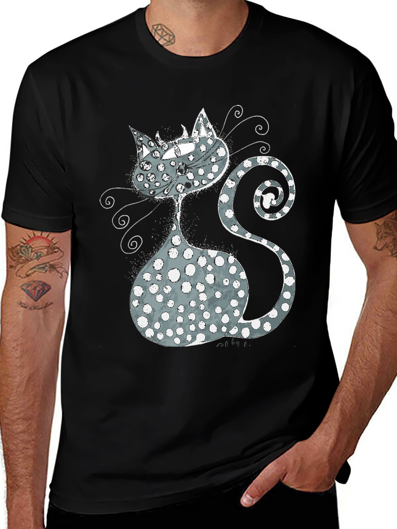 Variant 14 of Whimsical Cat Graphic T-Shirt - Black