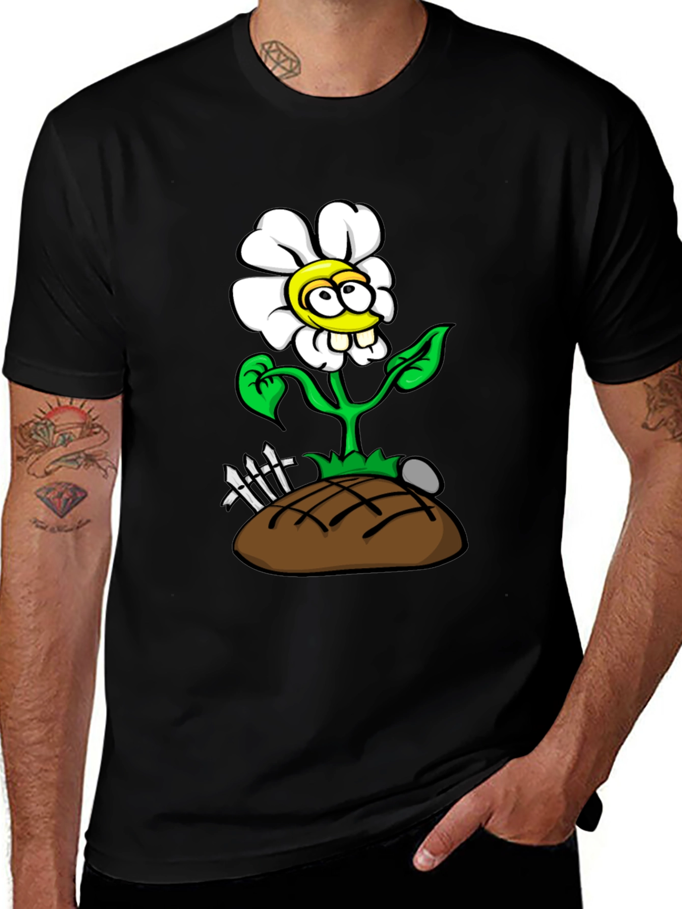 Variant 23 of Funny Flower Graphic T-Shirt - Black Cotton Tee