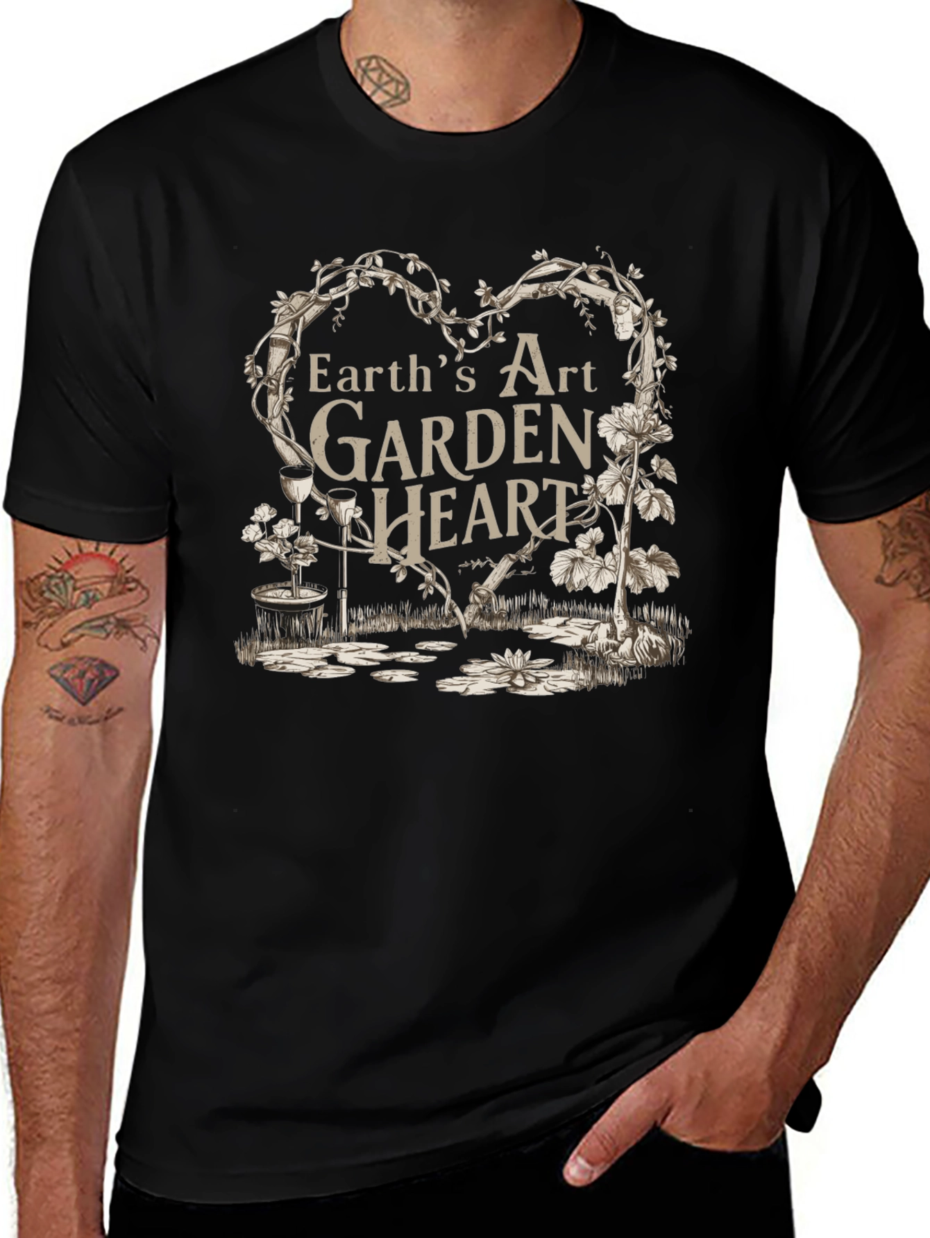 Earth's Art Garden Heart Black T-Shirt