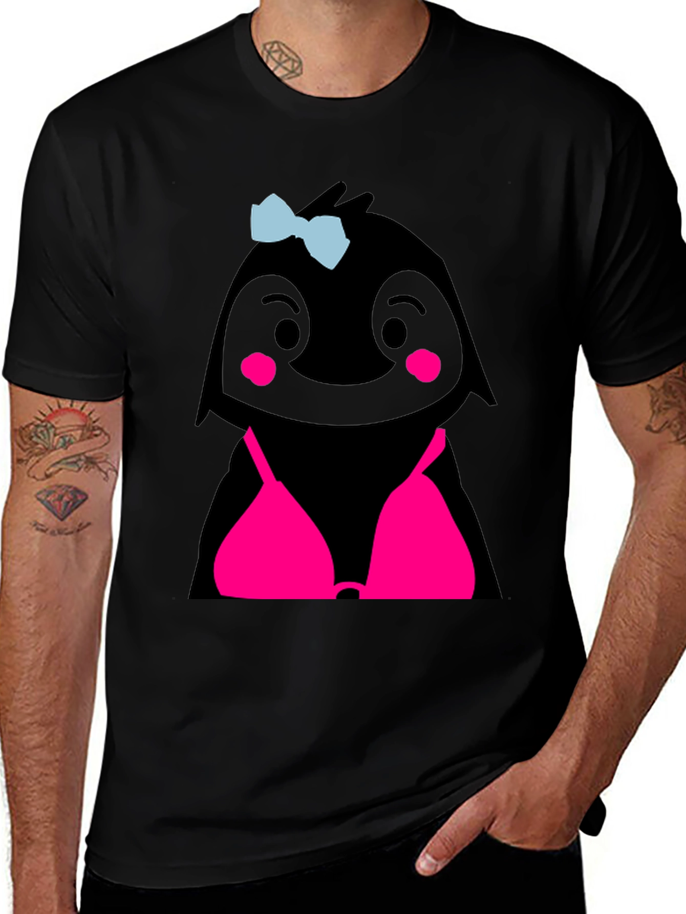Variant 4 of Humorous Penguin Bikini T-Shirt - Black Cotton Tee