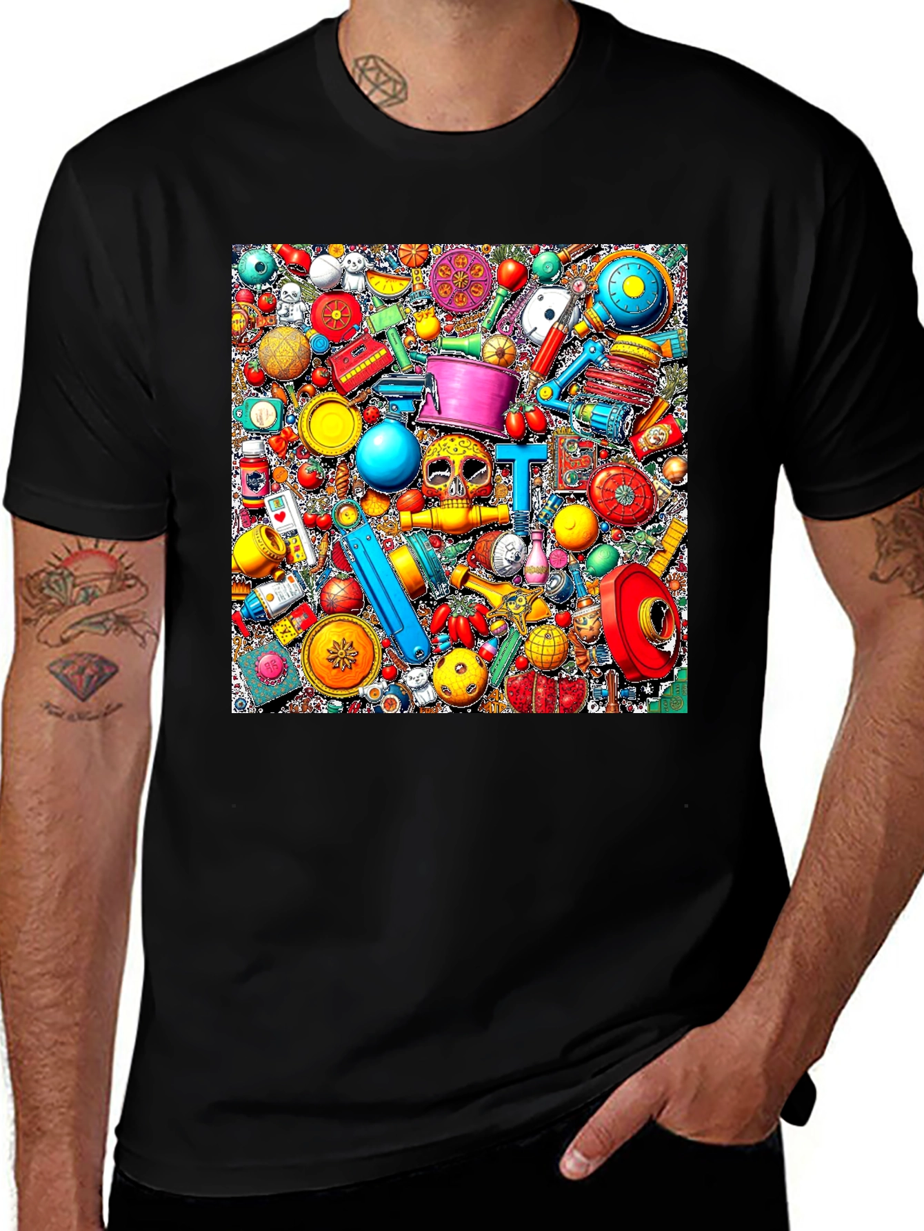 Colorful Objects Pattern Black T-Shirt