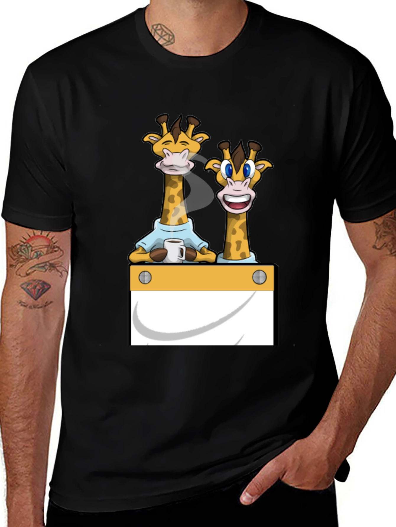 Giraffe Cartoon Graphic Print Black T-Shirt