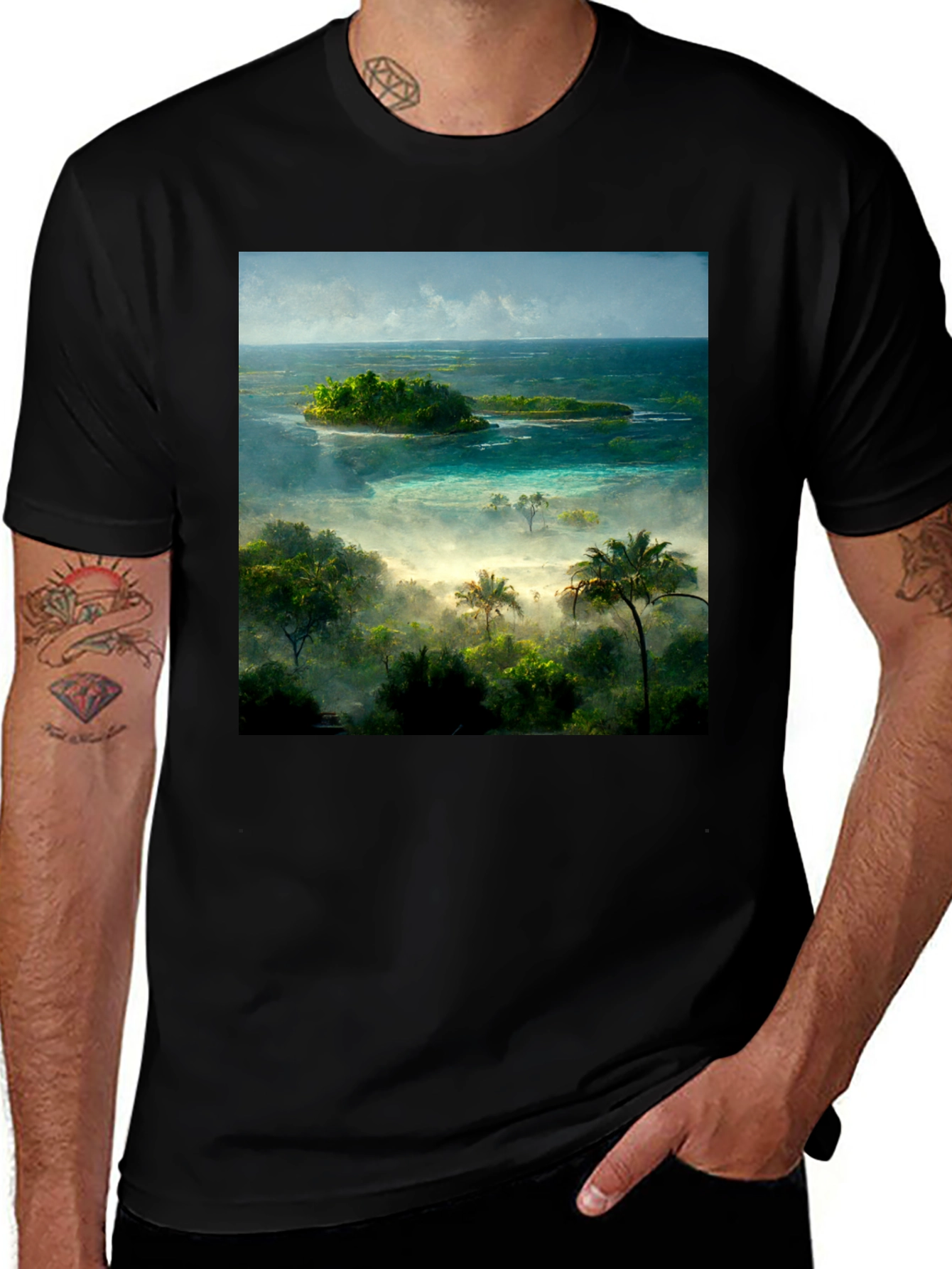 Variant 27 of Tropical Island Graphic Black T-Shirt
