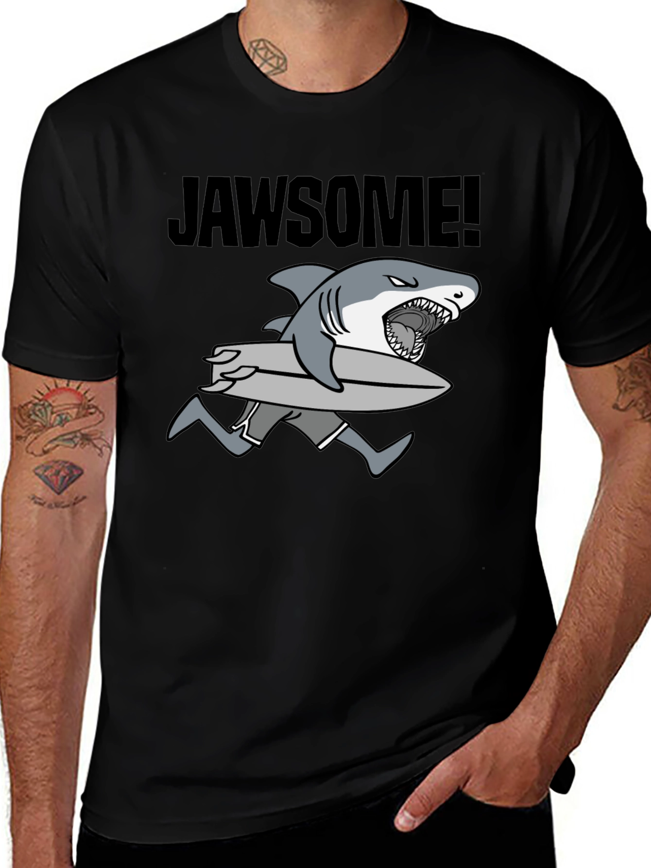 Variant 10 of Jawsome Shark Surfboard Graphic Tee - Black Cotton T-Shirt