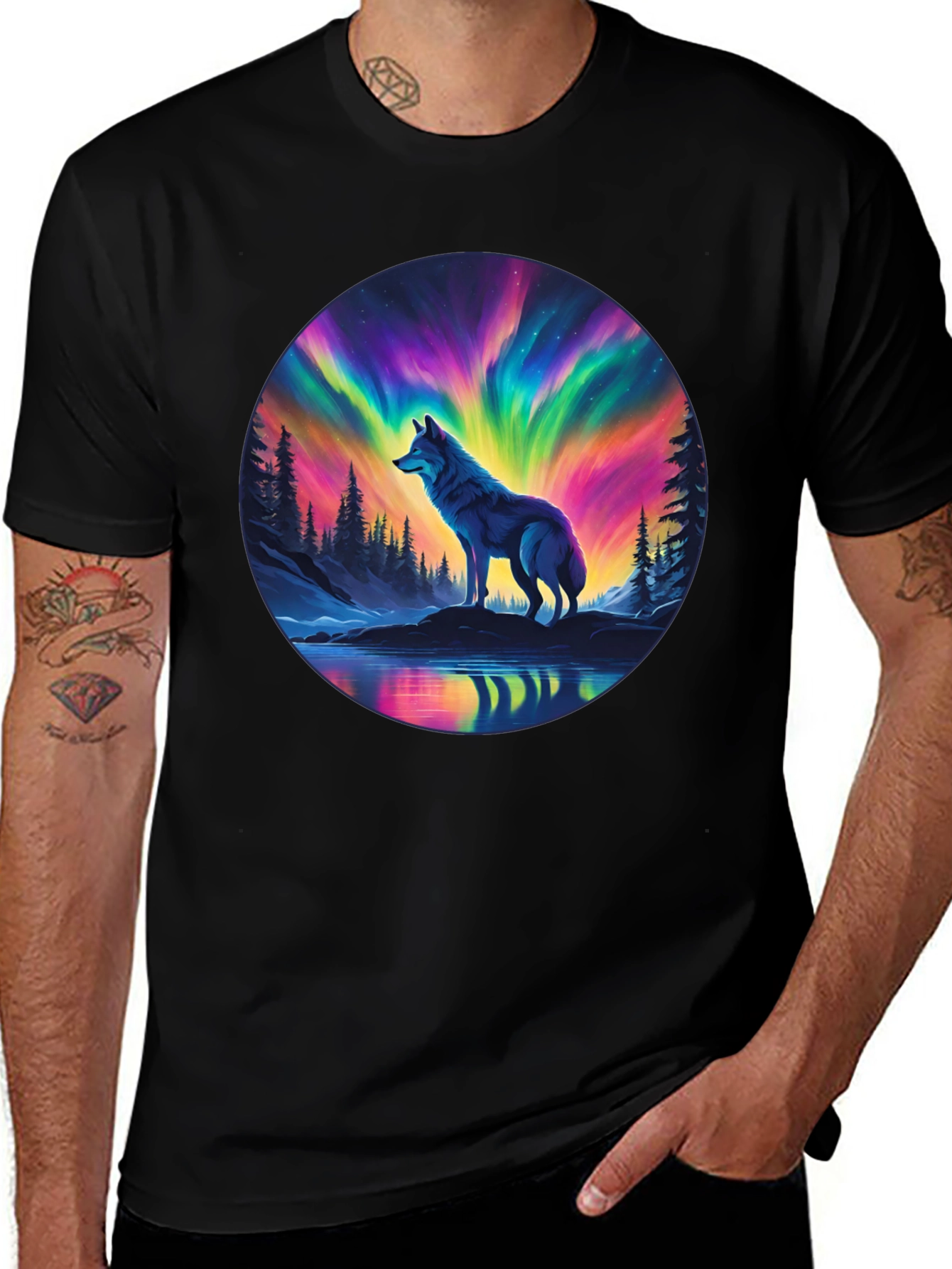 Variant 28 of Aurora Wolf Graphic Tee - Men's Black T-Shirt