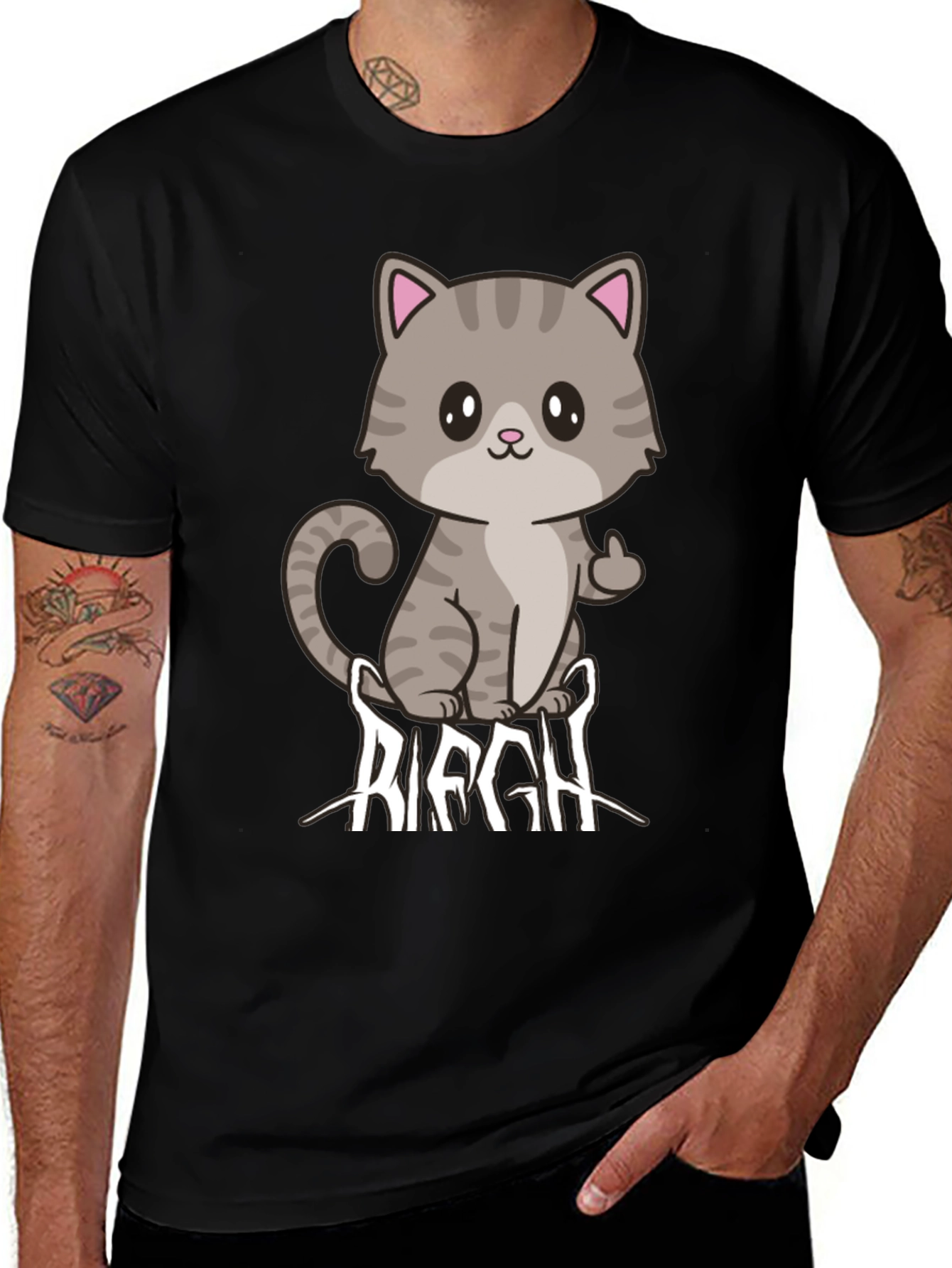 Variant 12 of Cute Cat Middle Finger Graphic Black T-Shirt