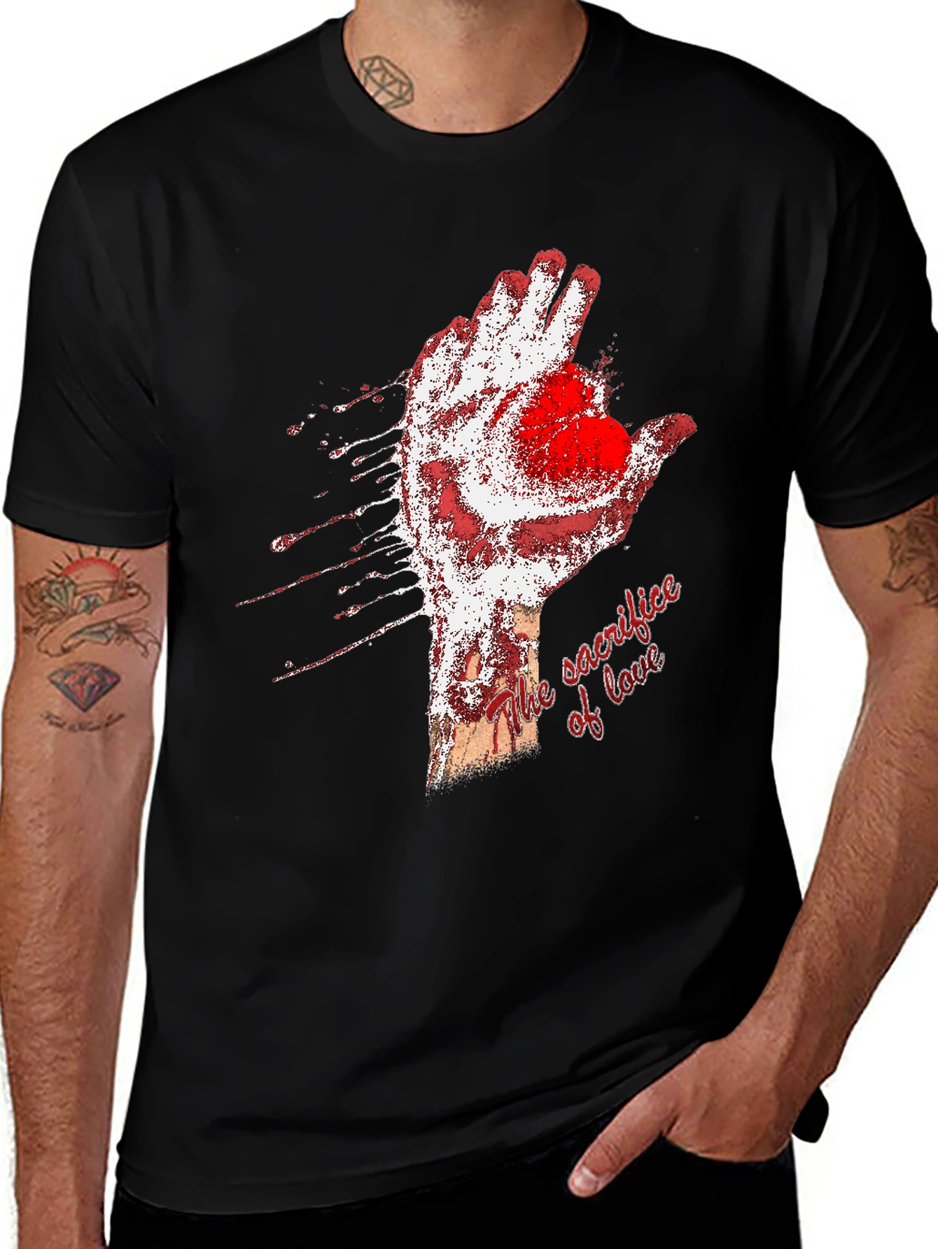 Variant 28 of Sacrifice of Love Graphic Tee - Bloody Heart Hand T-Shirt
